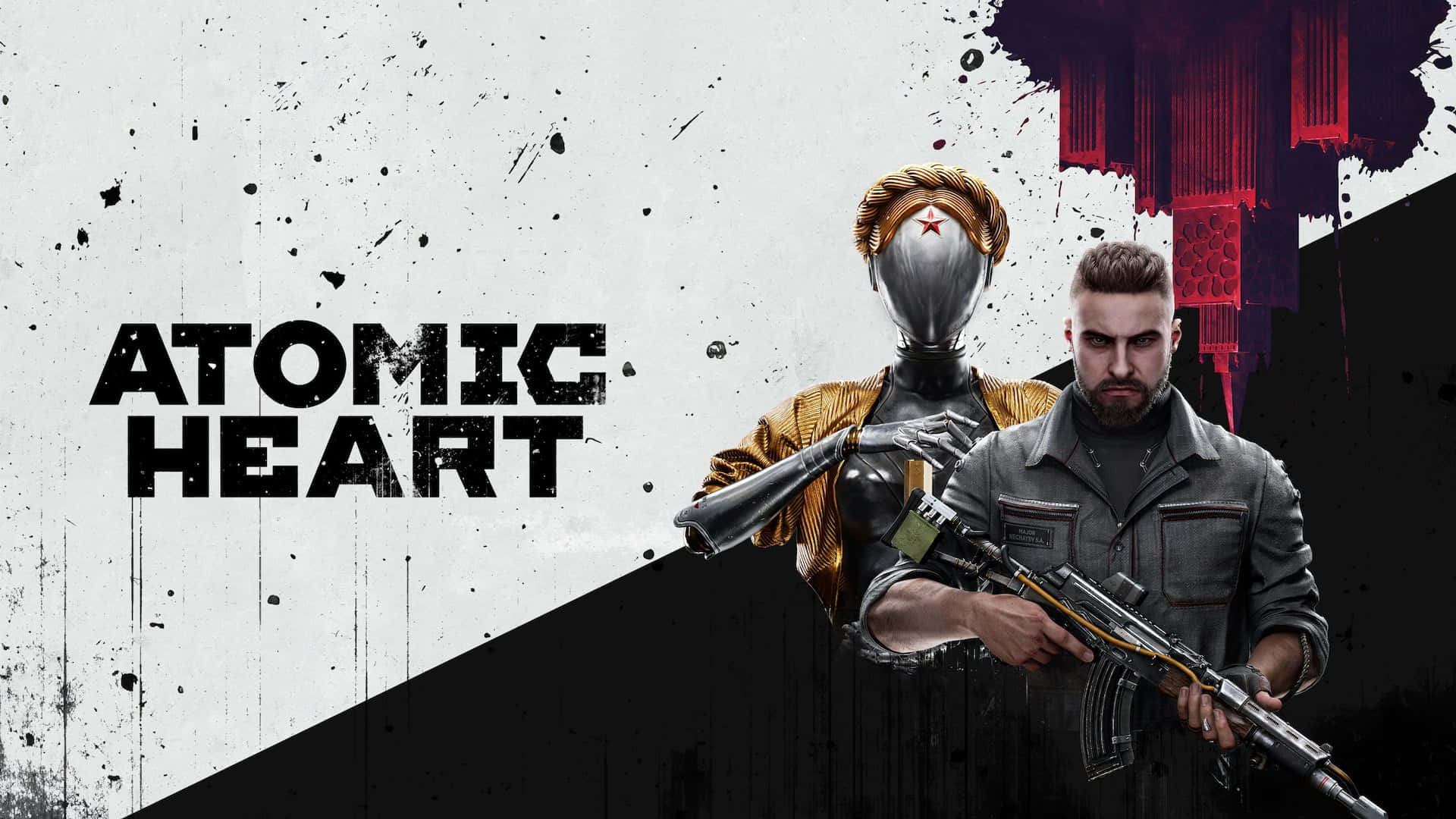 Xbox Games 桌布 壁紙 — 兩個武裝人物，一個人類和一個機器人，站在粗糙的濺污背景上，帶有粗體的原子心文字。