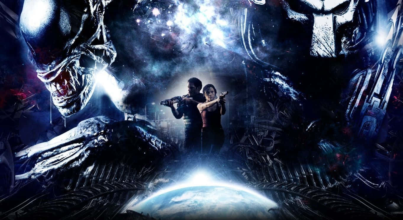 Wolf Predator 桌布 壁紙 — 兩個武裝人物在宇宙背景下，面對一個巨大的外星人頭骨和下方發光的星球，表現出挑釁姿態。