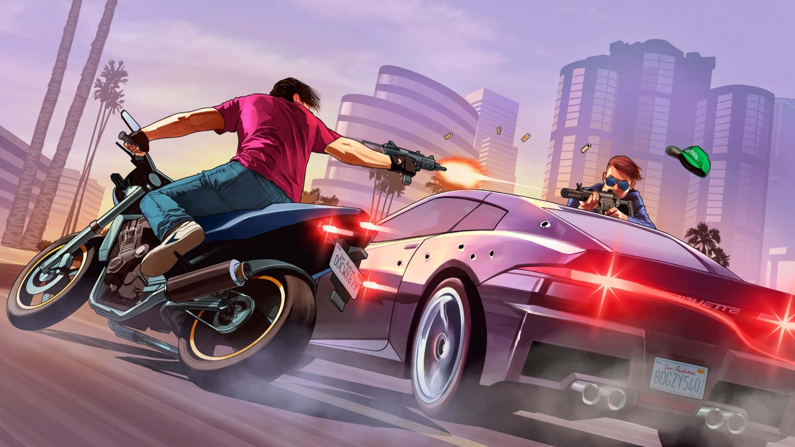 Grand Theft Auto V 桌布 壁紙 — 兩個武裝人物在摩托車和跑車上，伴隨著槍火和爆炸，穿過城市景觀互相追逐。