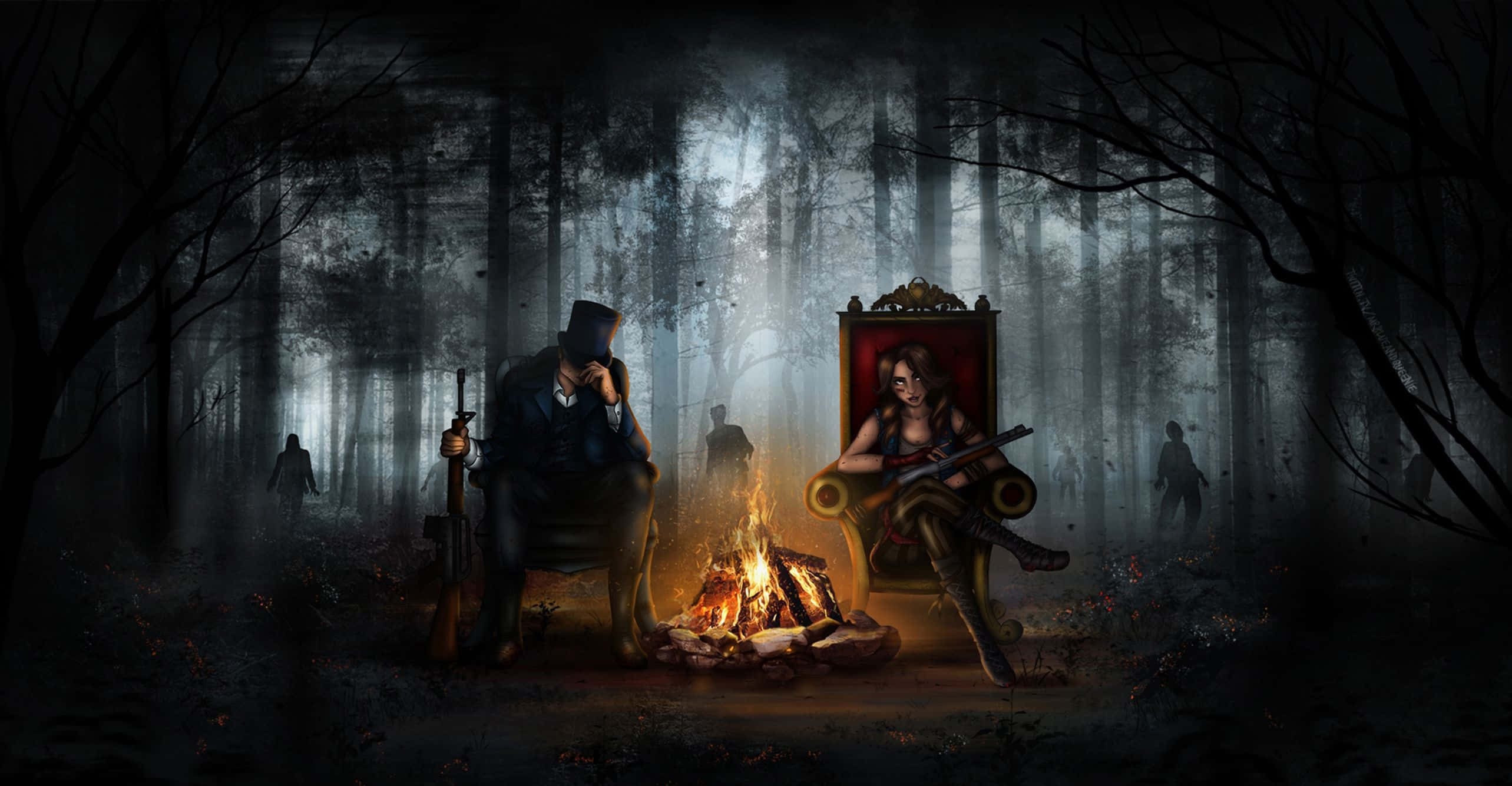 Campfire 桌布 壁紙 — 兩個武裝人物坐在霧氣瀰漫的鬧鬼森林中的營火旁，背景中有陰影人物潛伏。