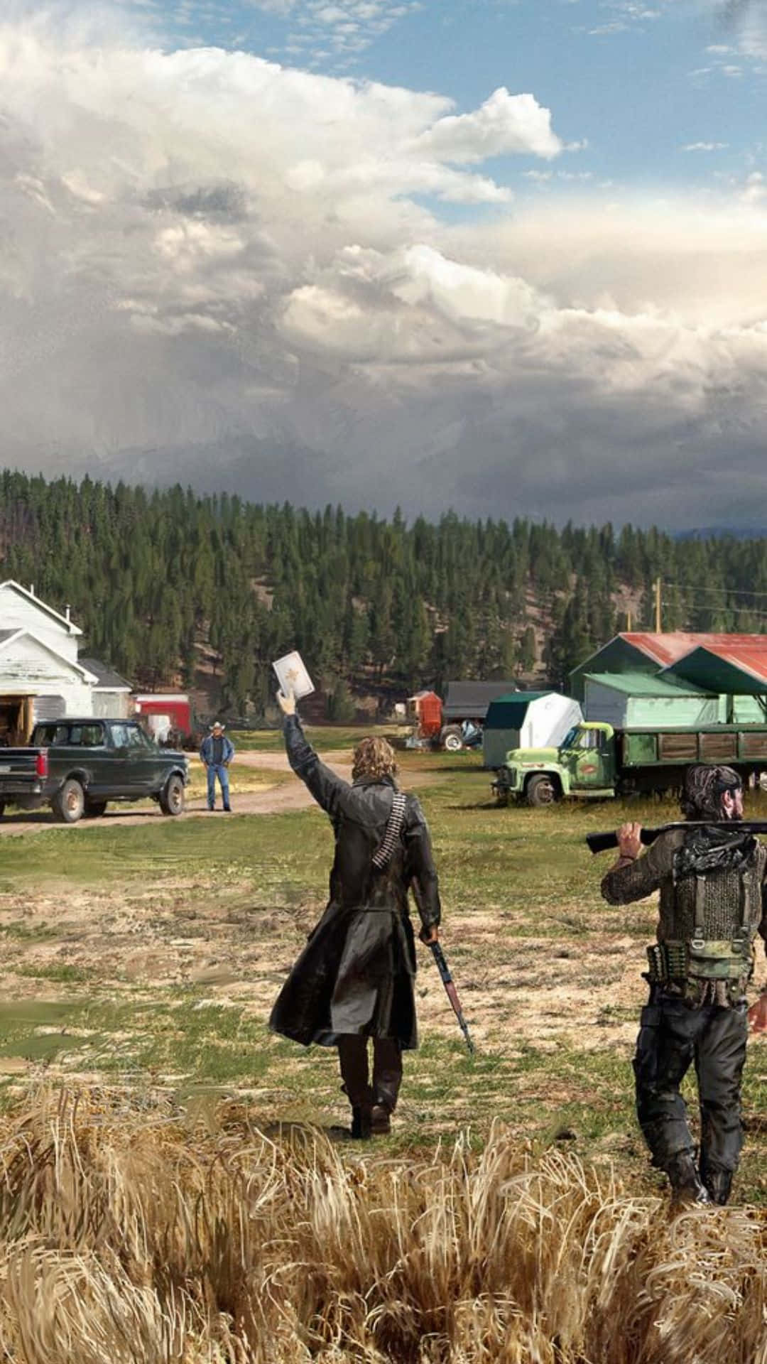 Far Cry 5 4K 桌布 壁紙 — 兩個武裝人物站在田野中，靠近鄉村建築，天空戲劇性地多雲。