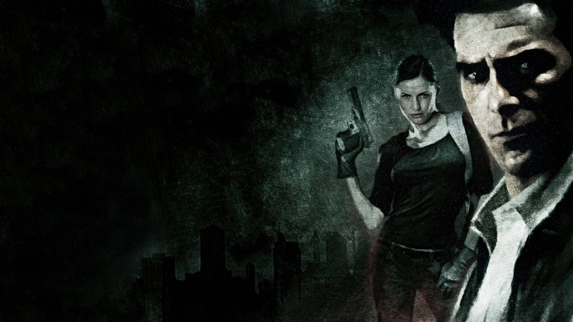 Max Payne 桌布 壁紙 — 兩個武裝人物站在黑暗骯髒的城市環境中，背後是煙霧瀰漫的城市景觀。