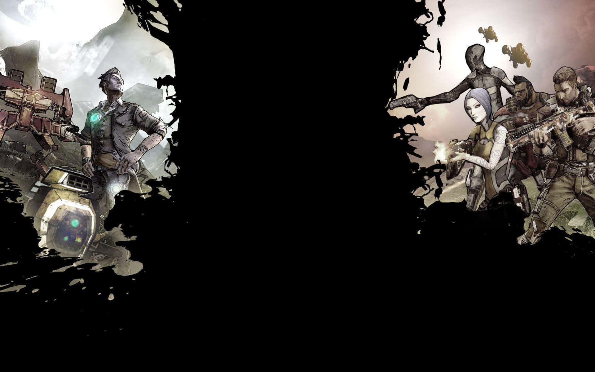 Borderlands 桌布 壁紙 — 兩個武裝倖存者派系在一個以黑色墨水飛濺為框架的粗獷插圖場景中對峙。