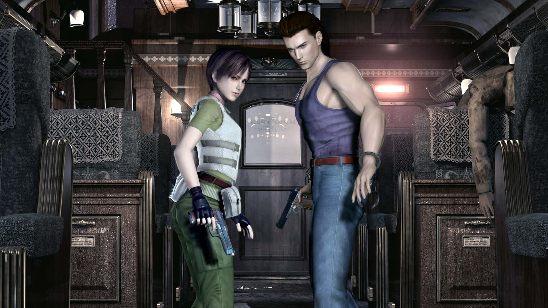 Resident Evil 2 桌布 壁紙 — 兩個武裝角色在光線昏暗的復古火車車廂中緊張地站立，車廂內有華麗的木鑲板和圖案軟墊。