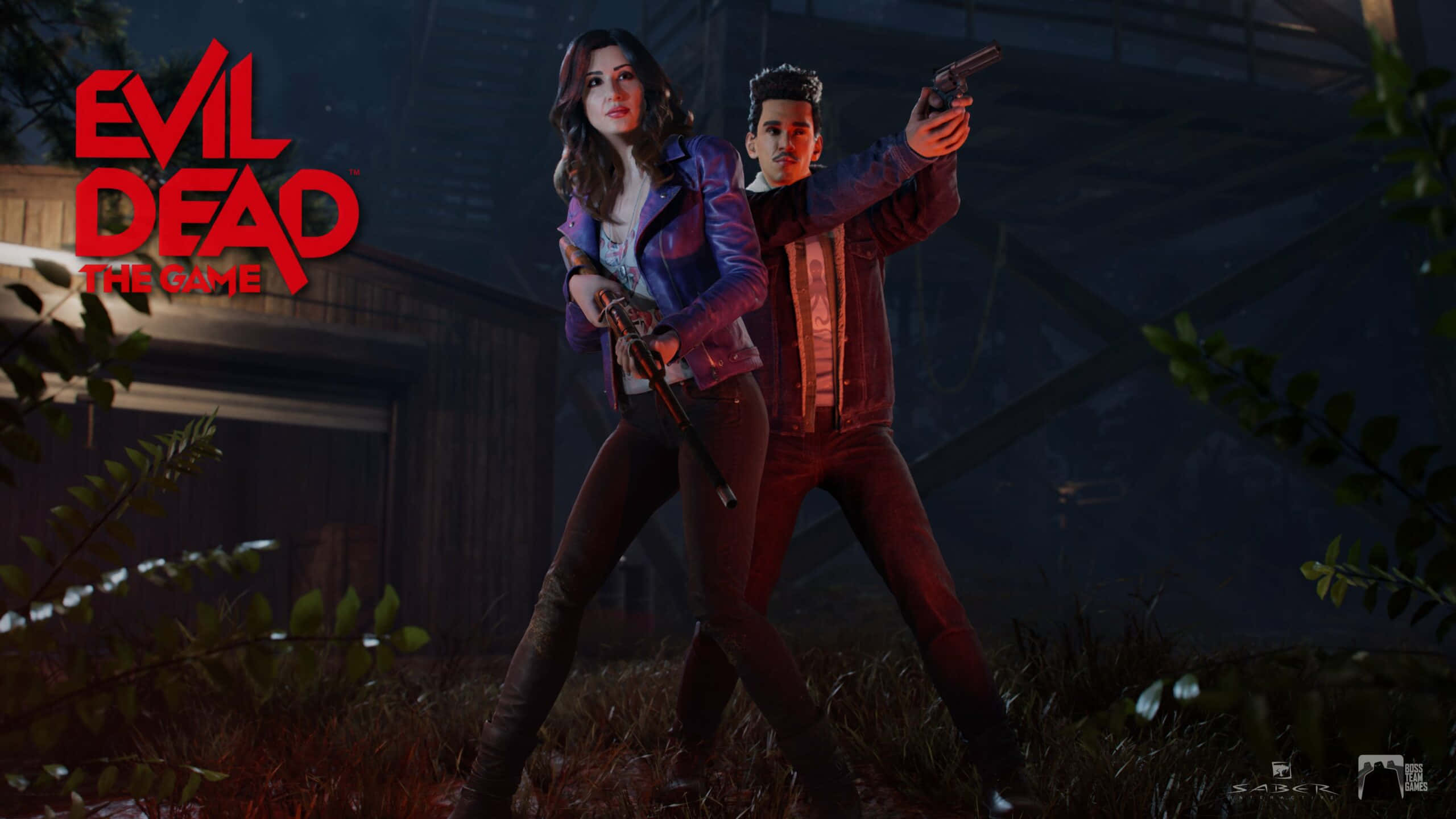 Game Trailers 桌布 壁紙 — 兩個武裝角色在夜晚的黑暗森林中保持警覺，背景有發光的紅色遊戲標誌。
