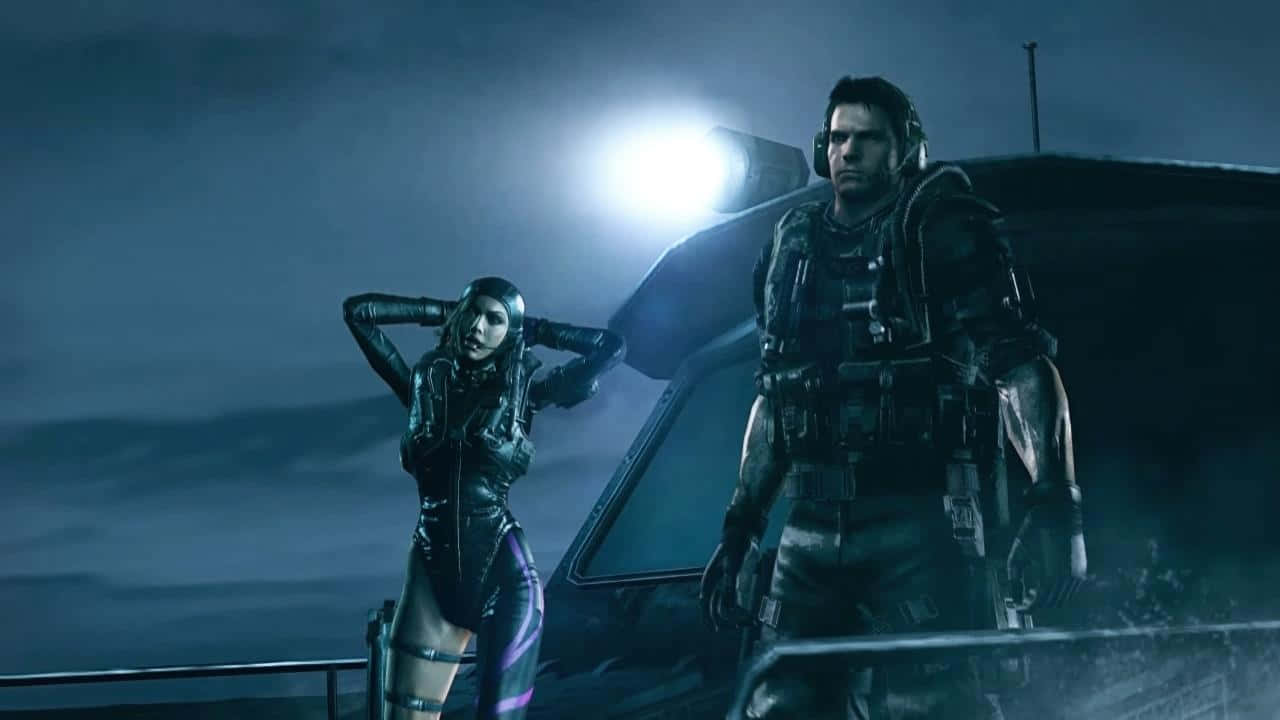 Resident Evil Revelations 2 桌布 壁紙 — 兩個武裝角色在夜晚站在船上，在明亮的聚光燈下，背景是黑暗的海洋天空。