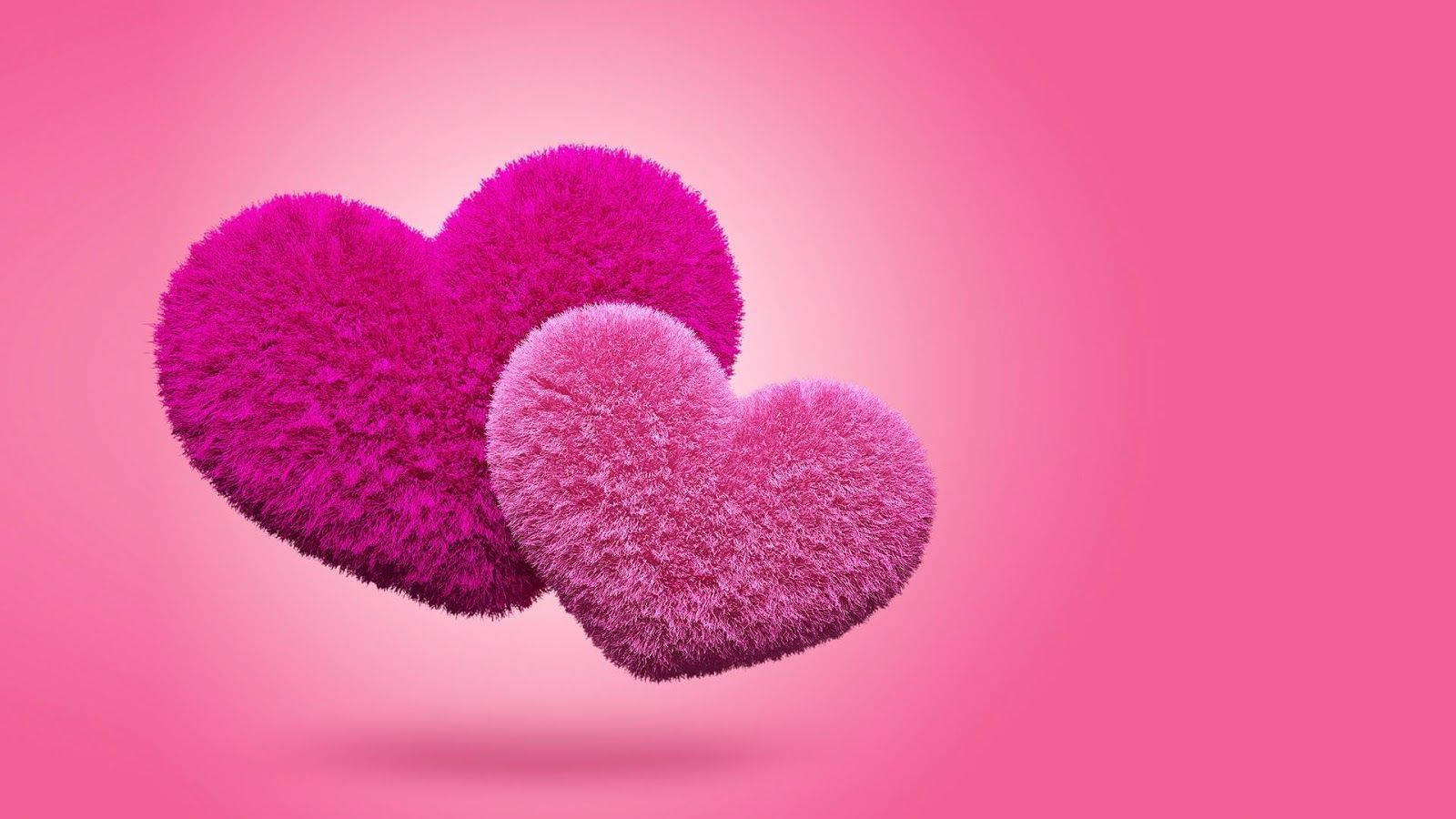 Cute Heart 桌布 壁紙 — 兩個毛絨質感的心形在柔和的漸變粉紅色背景上輕輕漂浮。