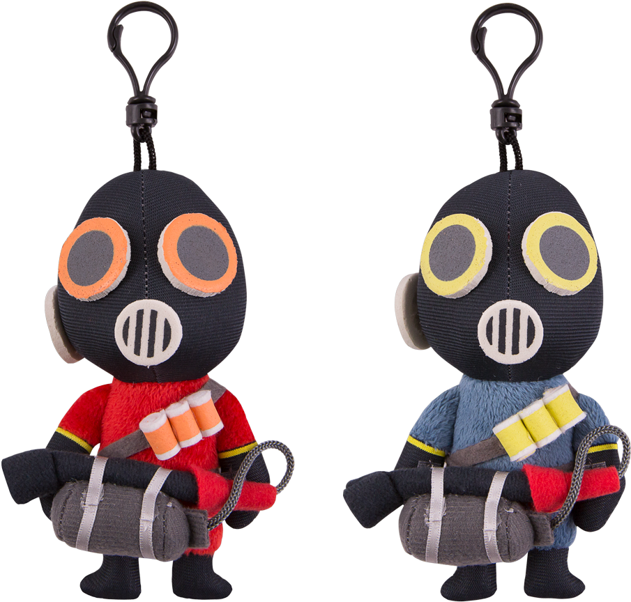 Tf2 桌布 壁紙 — 兩個毛絨鑰匙圈公仔戴著防毒面具，一個戴橙色護目鏡和紅色襯衫，另一個戴黃色護目鏡和藍色襯衫，兩者都拿著裝備，背景為黑色。