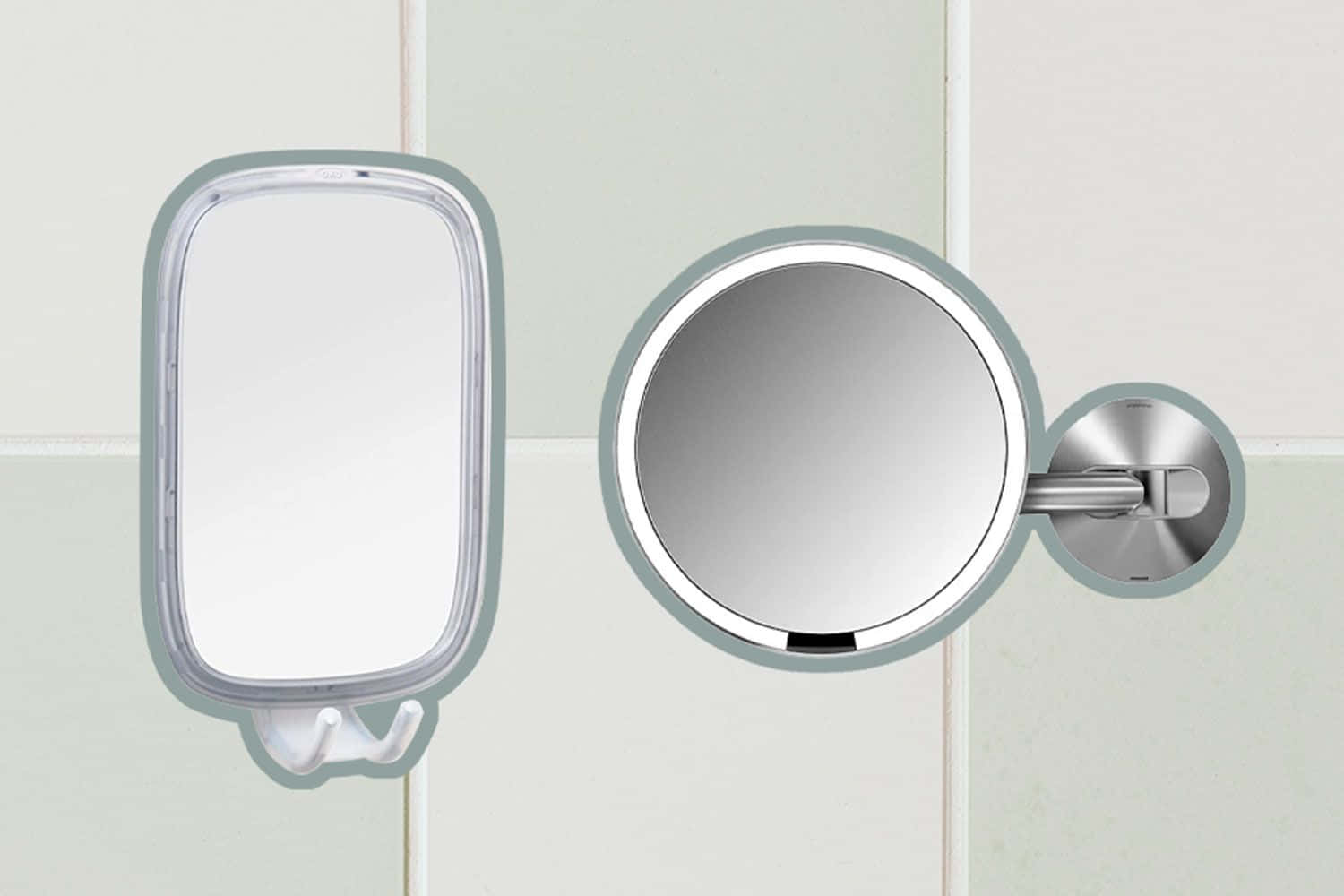 mirror 桌布 壁紙 — 兩個浴室鏡子，一個長方形一個圓形，安裝在淺綠色磁磚牆上。