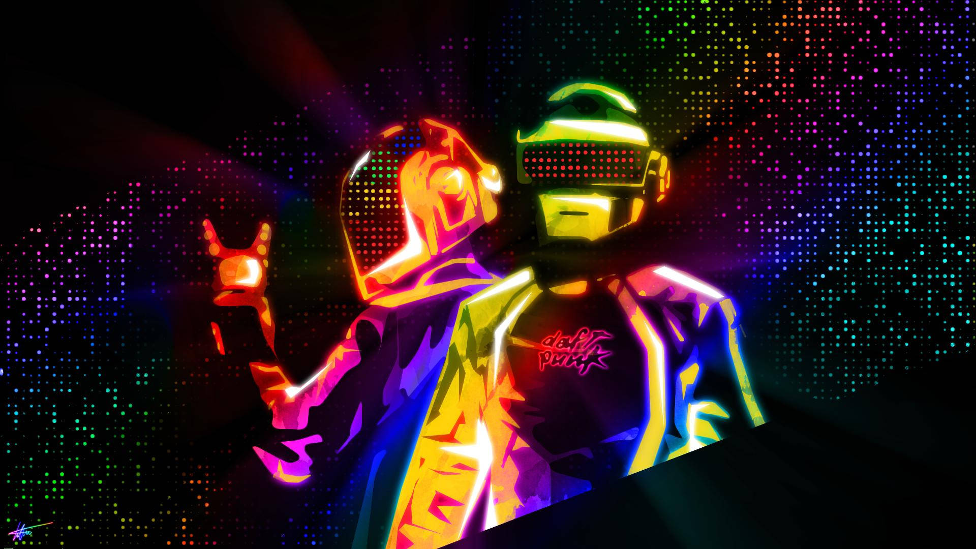 punk 桌布 壁紙 — 兩個浸透霓虹燈光的 Daft Punk 機器人，在像素化的多彩背景上發光，伴隨著耀眼的光束。