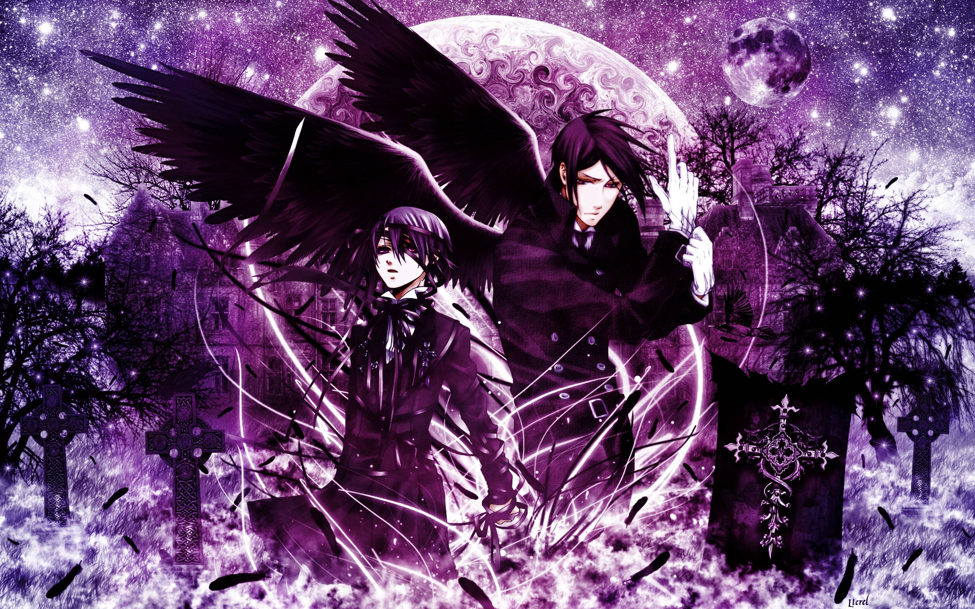 Black Butler 桌布 壁紙 — 兩個深色翅膀的動漫人物站在神秘紫色墓地中，上方是發光的月亮和旋轉的宇宙能量。