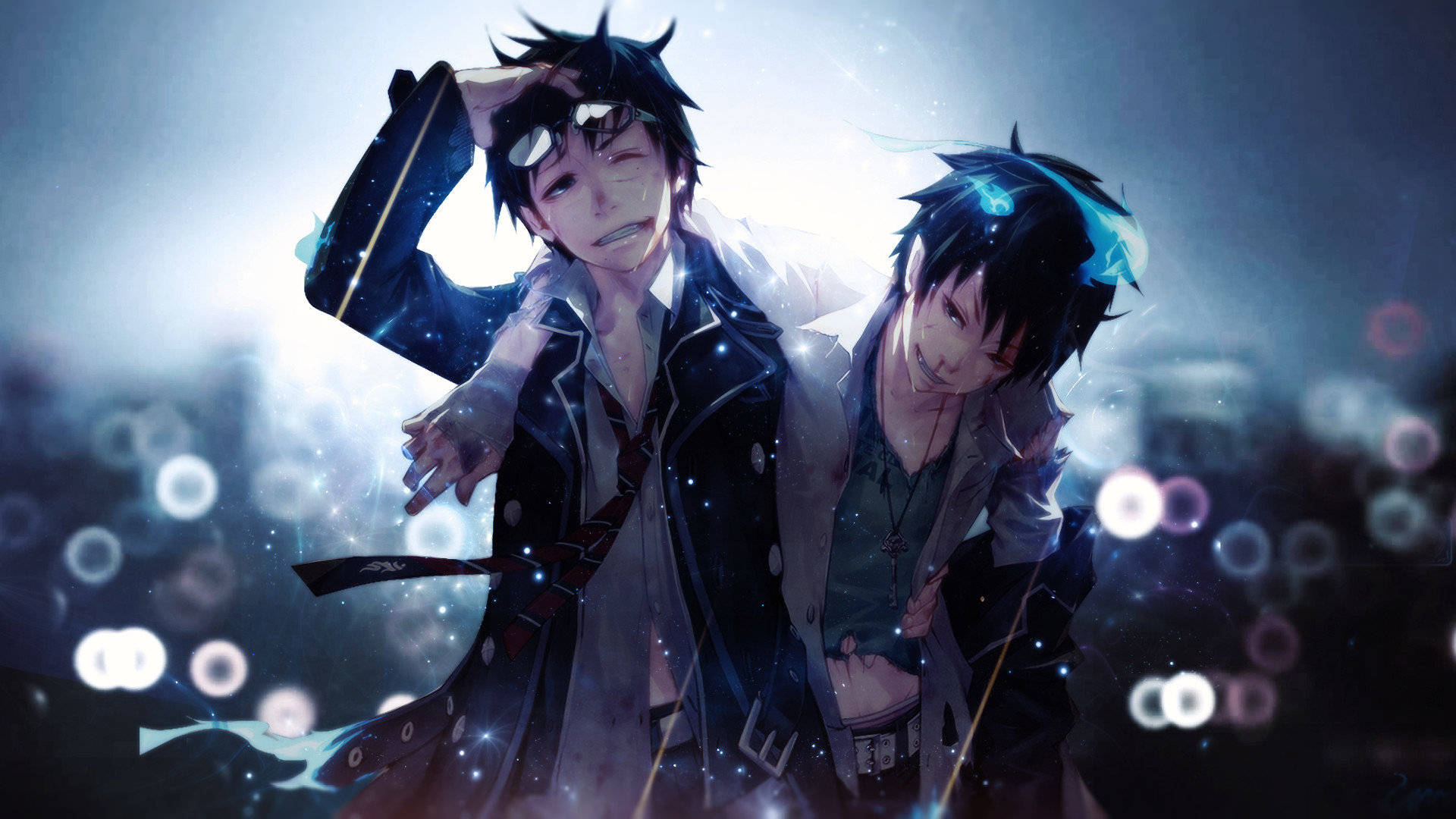 Blue Exorcist 桌布 壁紙 — 兩個深色頭髮、帶有發光效果的動畫男孩，在夢幻的藍白散景場景中靠近站立。