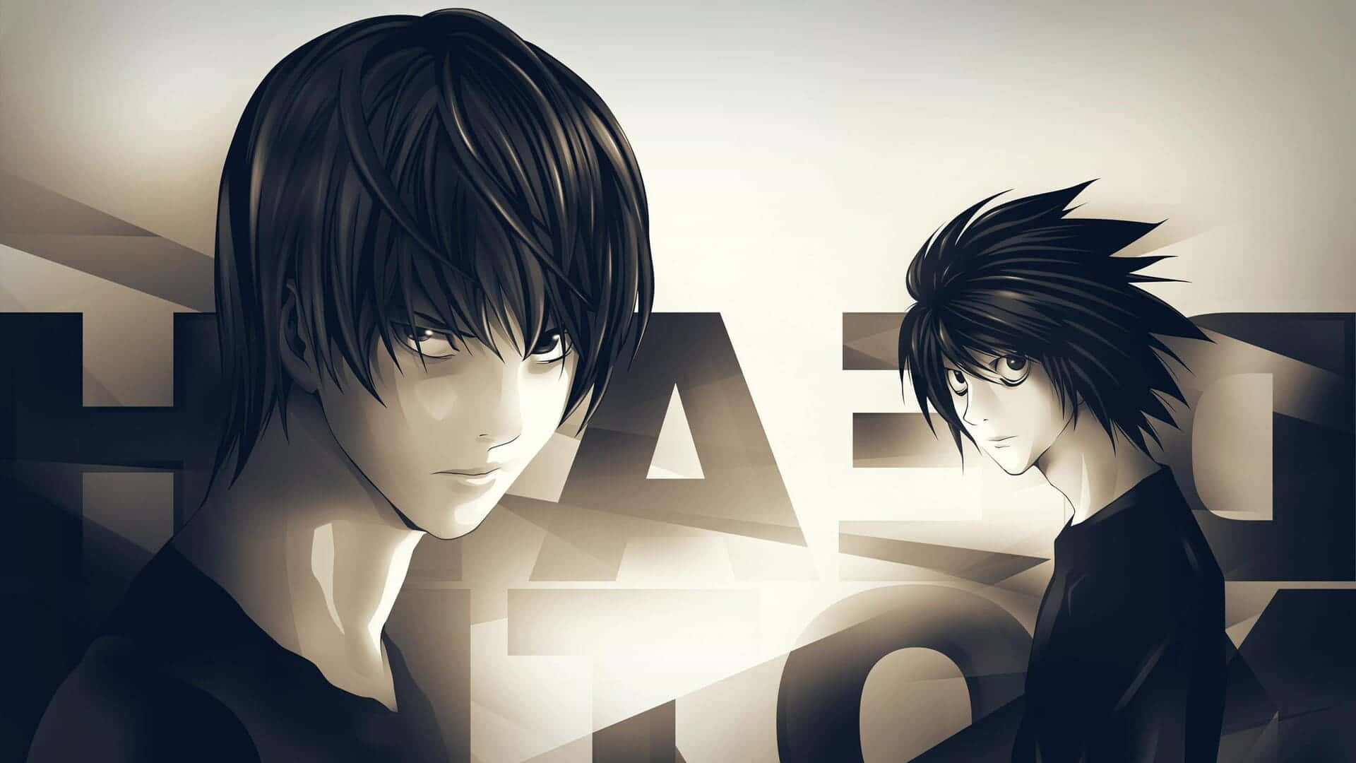 Light Yagami 桌布 壁紙 — 兩個深色頭髮、眼神銳利的動漫角色站在一個帶有粗體字樣的風格化幾何背景前。