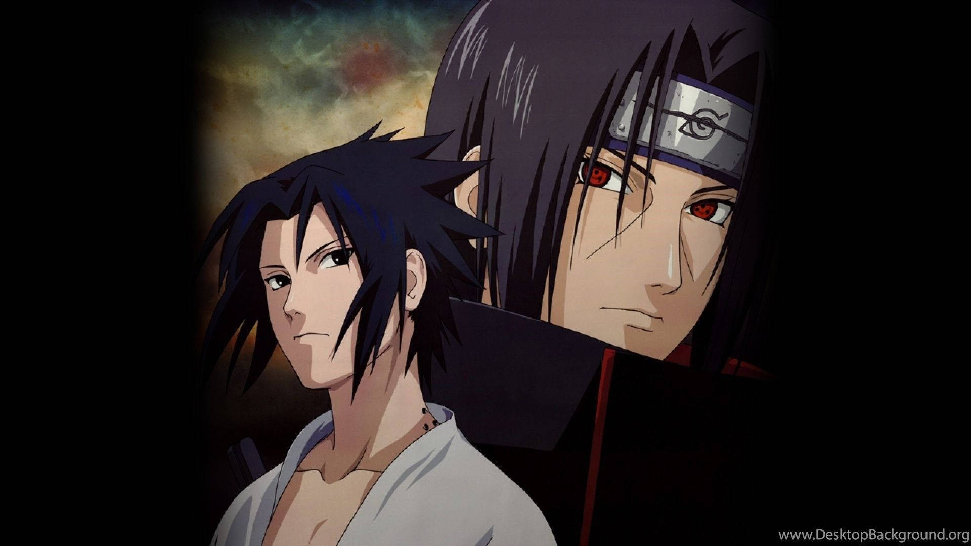 sasuke uchiha 桌布 壁紙 — 兩個深色頭髮、眼神銳利的動漫角色，在暴風雨天空背景下以陰影對比站立。