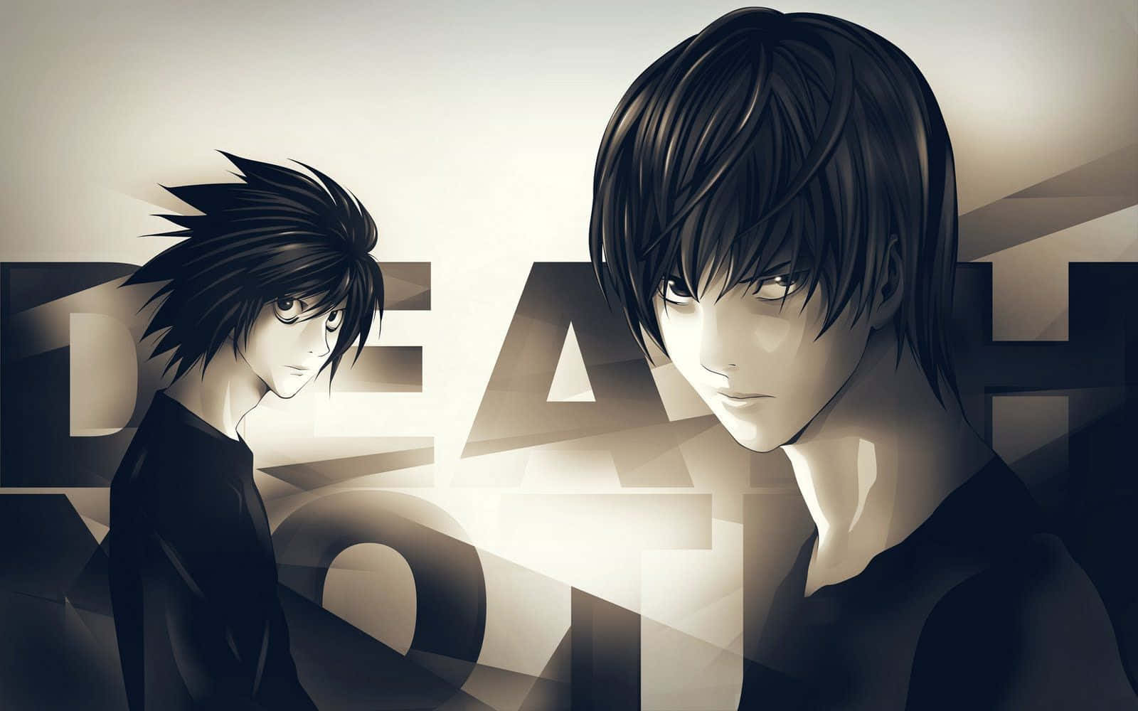 Light Yagami 桌布 壁紙 — 兩個深色頭髮、表情嚴肅的動漫角色站在風格化的死亡文字前，以單色調呈現。