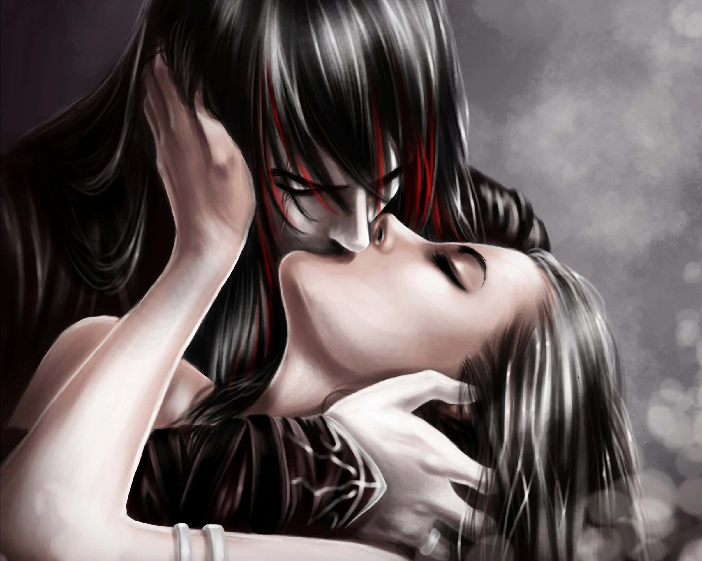 Dark Love 桌布 壁紙 — 兩個深色頭髮帶紅色挑染的人物在陰鬱灰色背景前進行溫柔的動漫風格親吻。