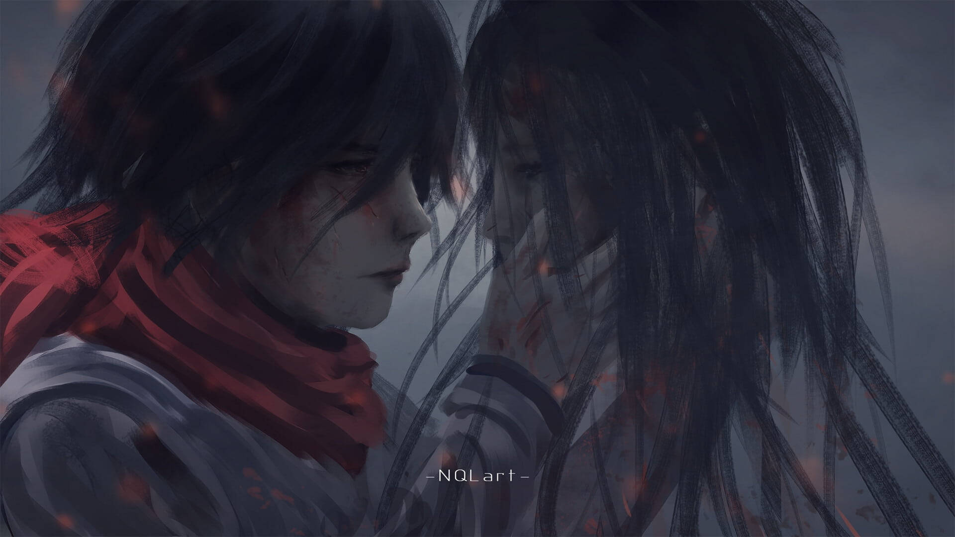 Mikasa 桌布 壁紙 — 兩個深色頭髮帶紅色點綴的動漫角色，在陰鬱的灰色背景下互相凝視。