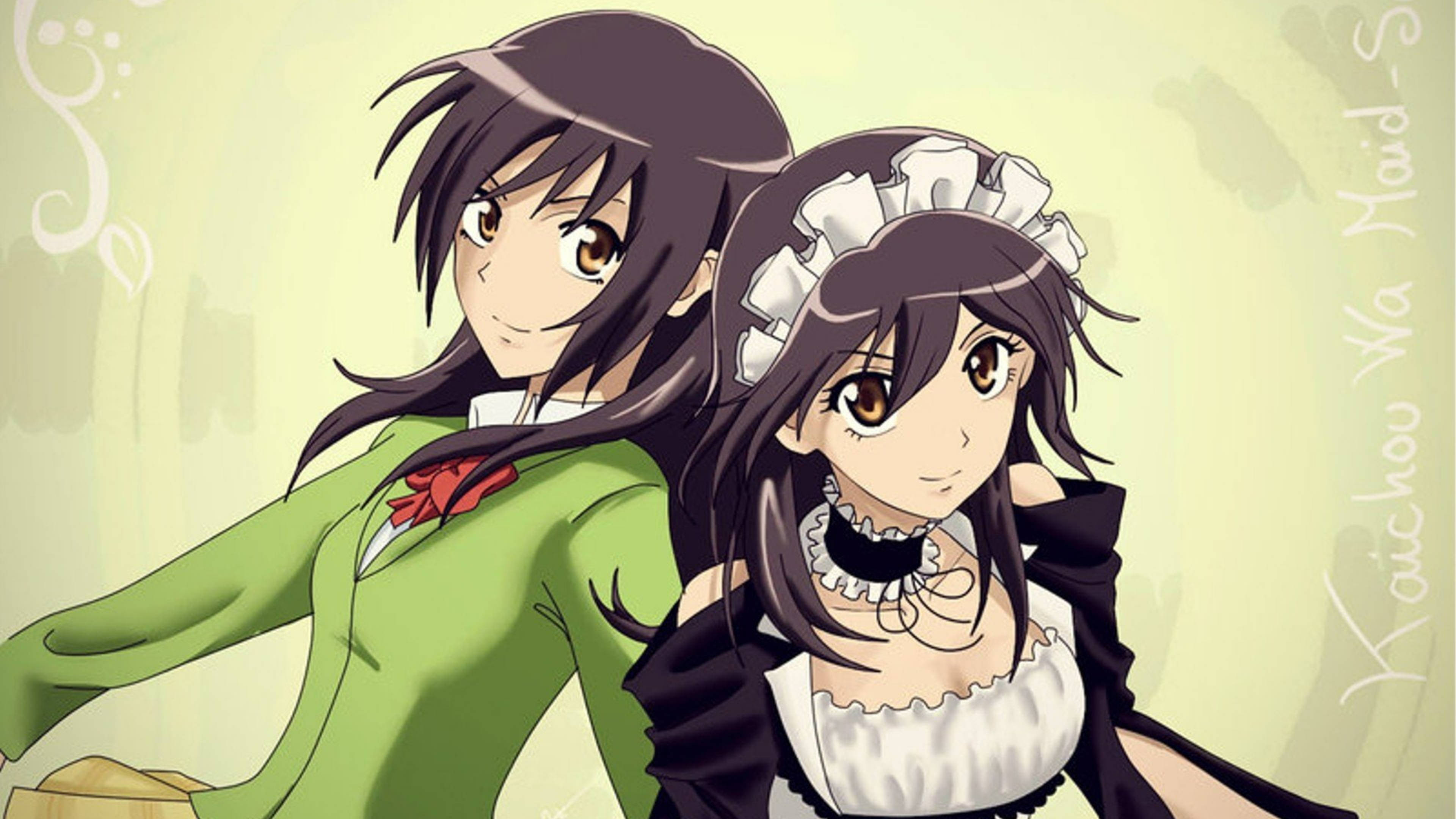 Maid Sama 桌布 壁紙 — 兩個深色頭髮的動漫女孩，一個穿綠色外套配紅色蝴蝶結，另一個穿黑白女僕裝，背景是柔和的黃色。
