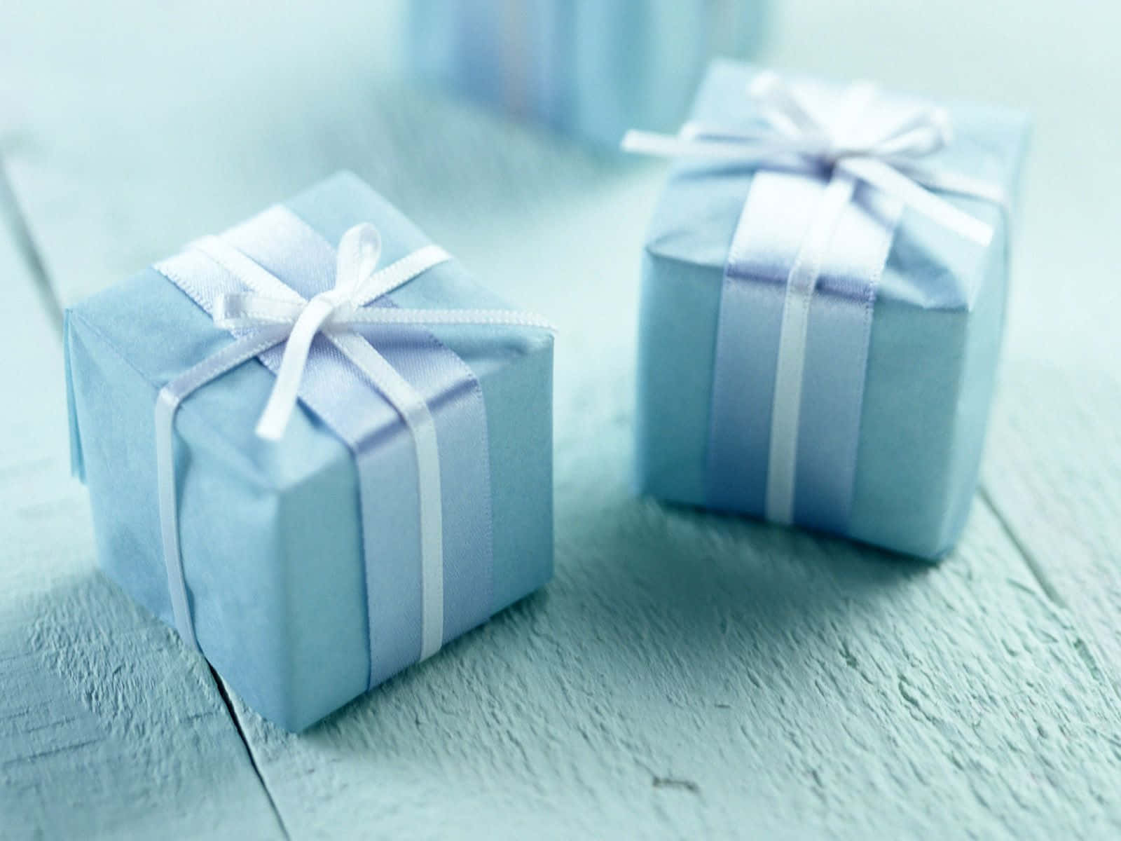 Gift 桌布 壁紙 — 兩個淺藍色禮物盒用白色絲帶綁著，放在一個經風化的木質表面上，沐浴在柔和清涼的光線中。