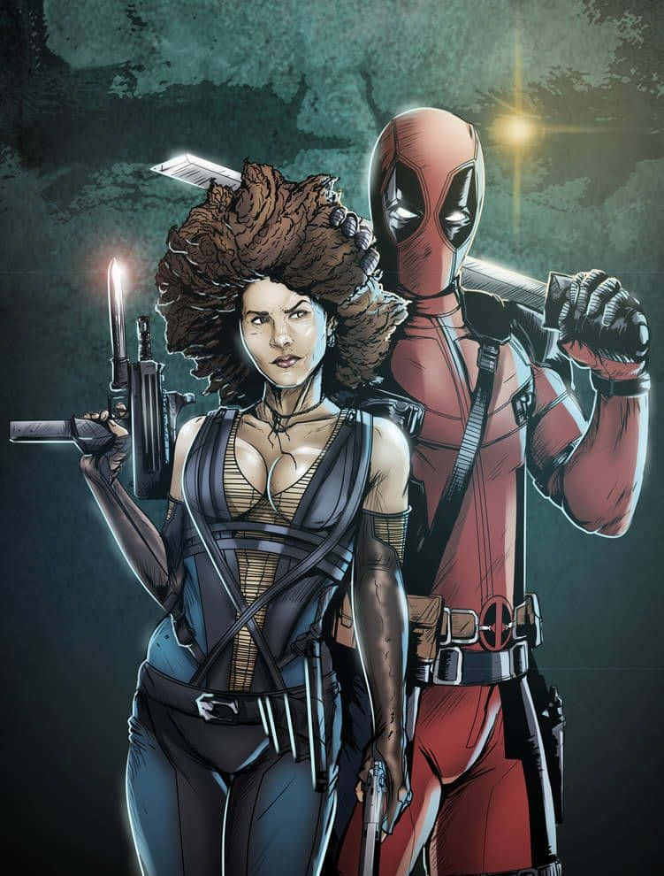 Deadpool And Domino 桌布 壁紙 — 兩個漫畫英雄，死侍和一個爆炸頭女人，在閃爍的星星下準備好武器。