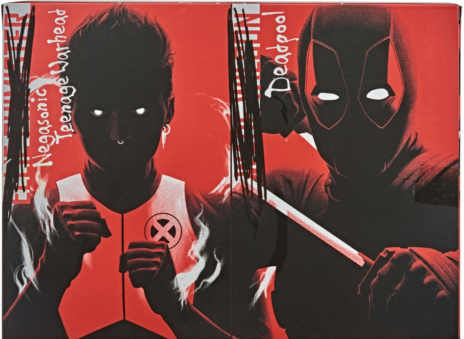 Deadpool And Negasonic Teenage Warhead 桌布 壁紙 — 兩個漫畫角色 Negasonic Teenage Warhead 和 Deadpool 站在大膽的紅色背景上，帶有白色發光的眼睛和煙霧效果。