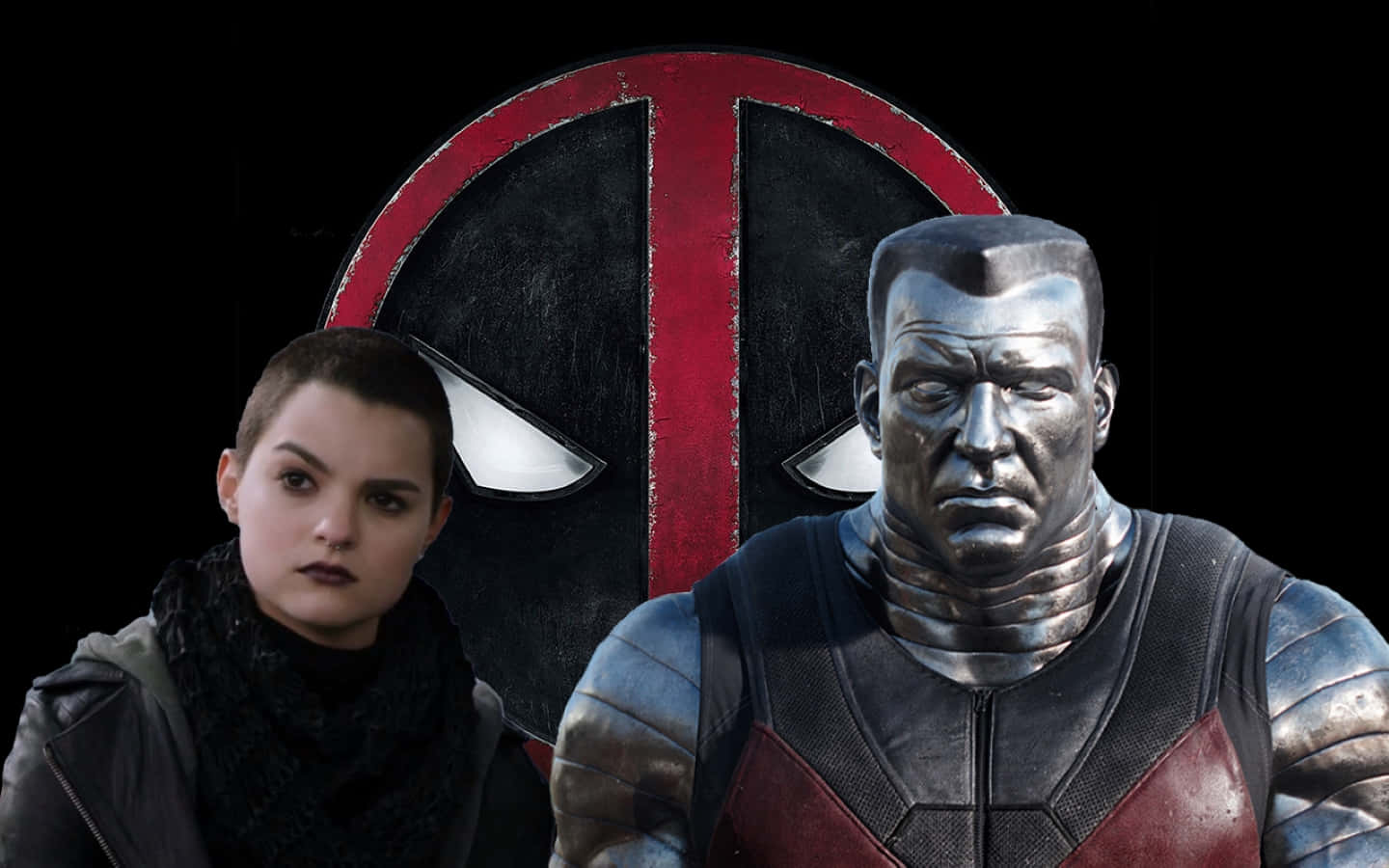 Negasonic Teenage Warhead 桌布 壁紙 — 兩個漫畫角色站在 Deadpool 標誌前，一個短頭髮戴圍巾，另一個穿著金屬盔甲，背景為黑色。