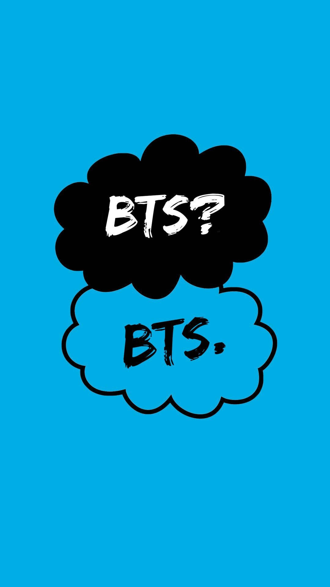 BTS 美學 桌布 壁紙 — 兩個漫畫風格對話框在藍色背景上，一個黑色白色文字問BTS？另一個藍色黑色文字說BTS。