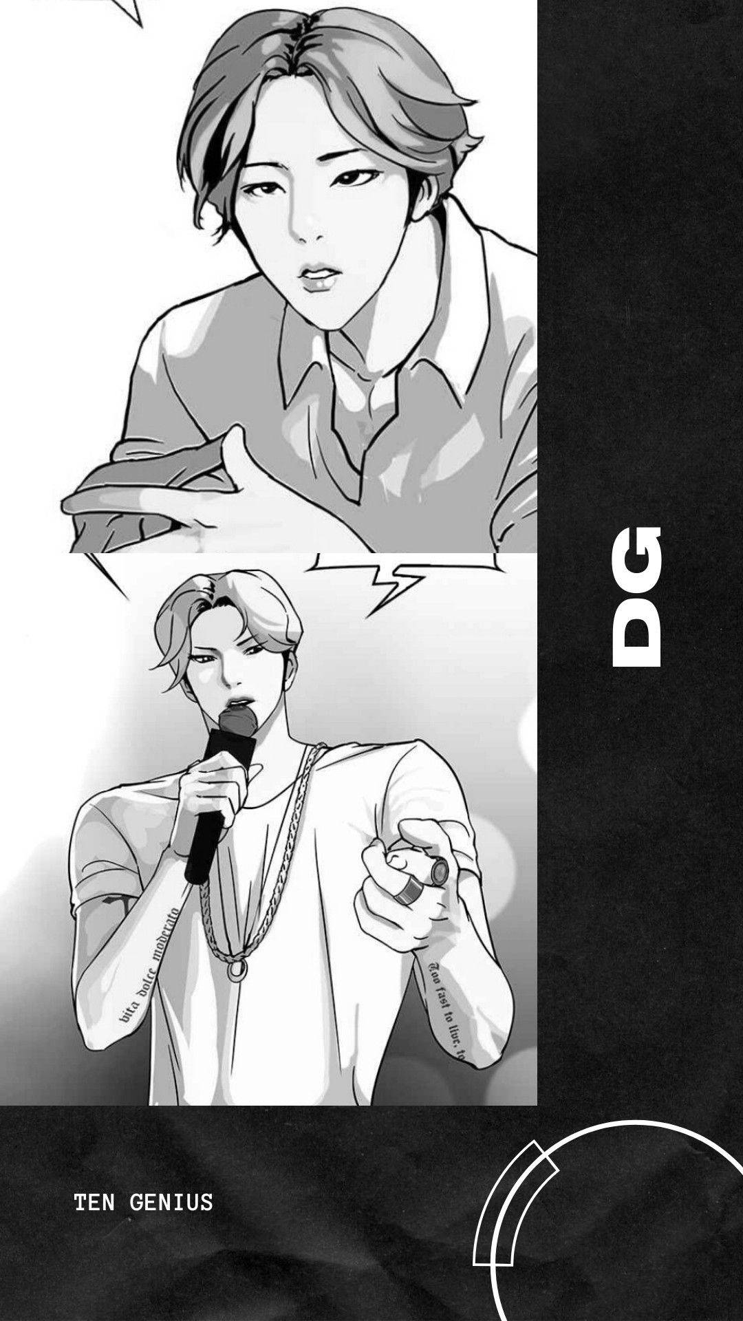 兩個動漫男性，一個做手勢，另一個拿著麥克風，線條粗獷，帶有文字。 — 看臉時代 GIF 壁紙