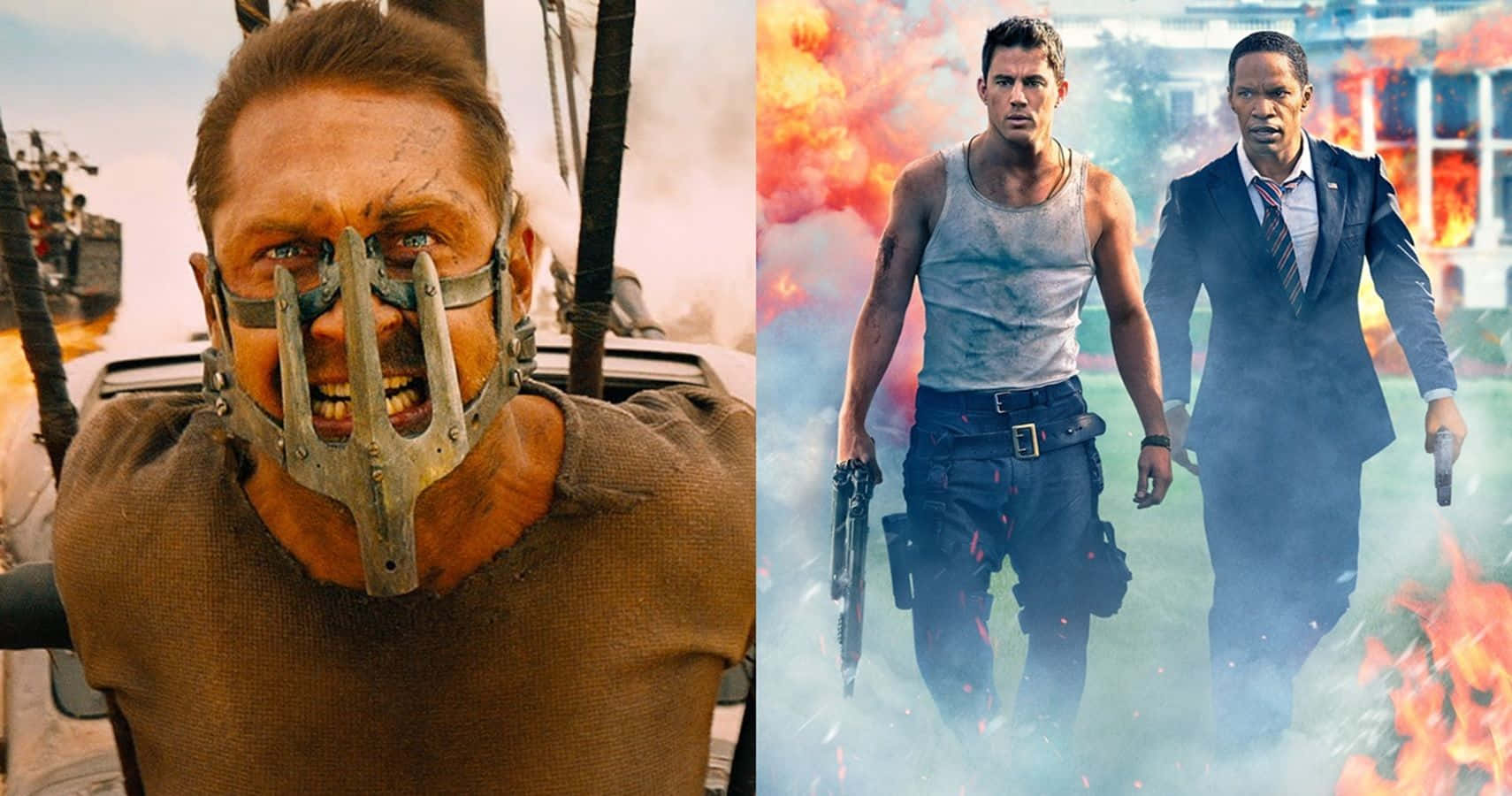 Action Movie 桌布 壁紙 — 兩個激烈的動作場景：一個男人帶著金屬下巴籠身處混亂之中，另一個穿著西裝的男人穿過火焰和煙霧。