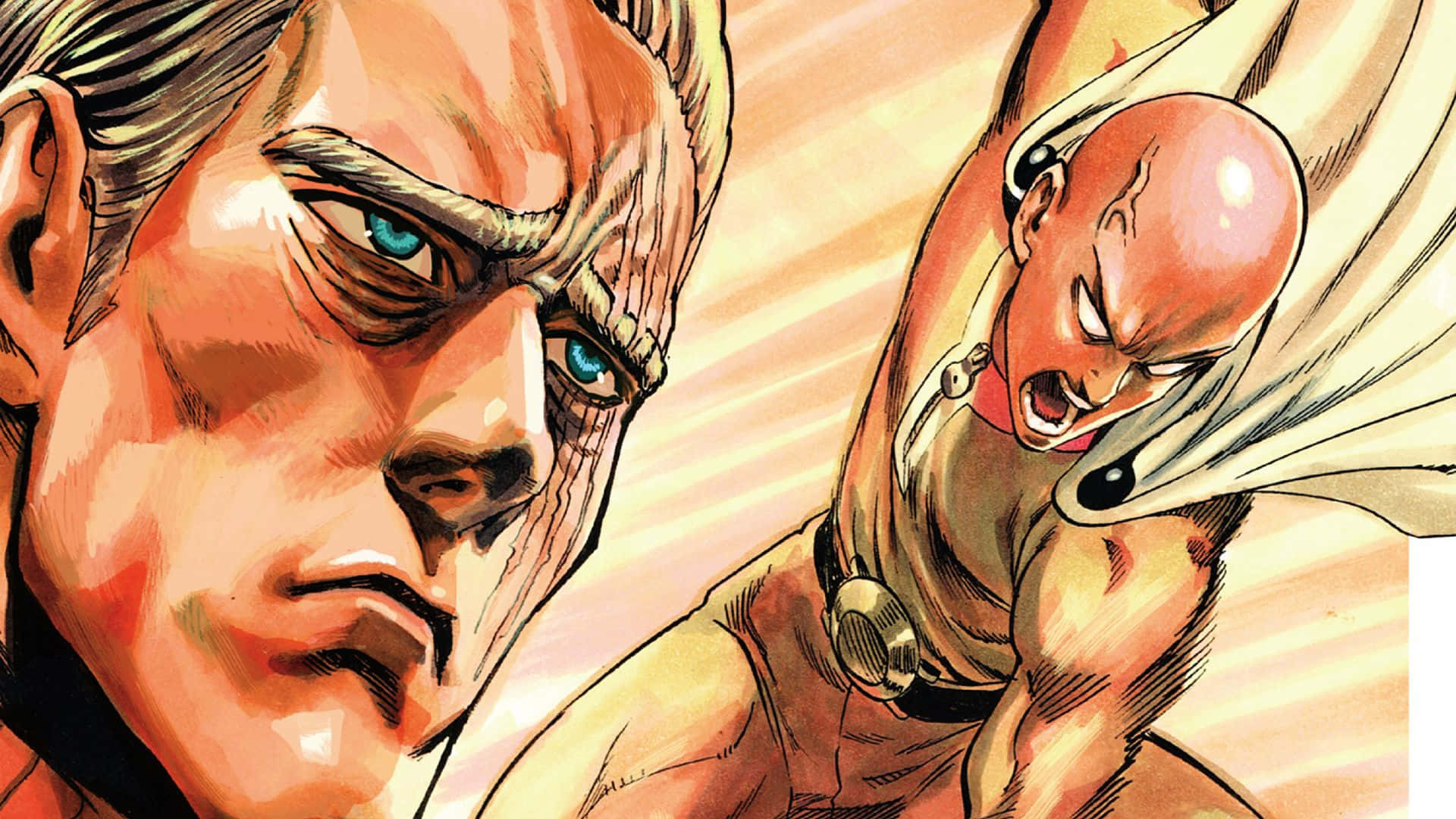 One Punch Man King 桌布 壁紙 — 兩個激烈的動漫角色在燦爛的金色背景下以兇猛的表情對峙。