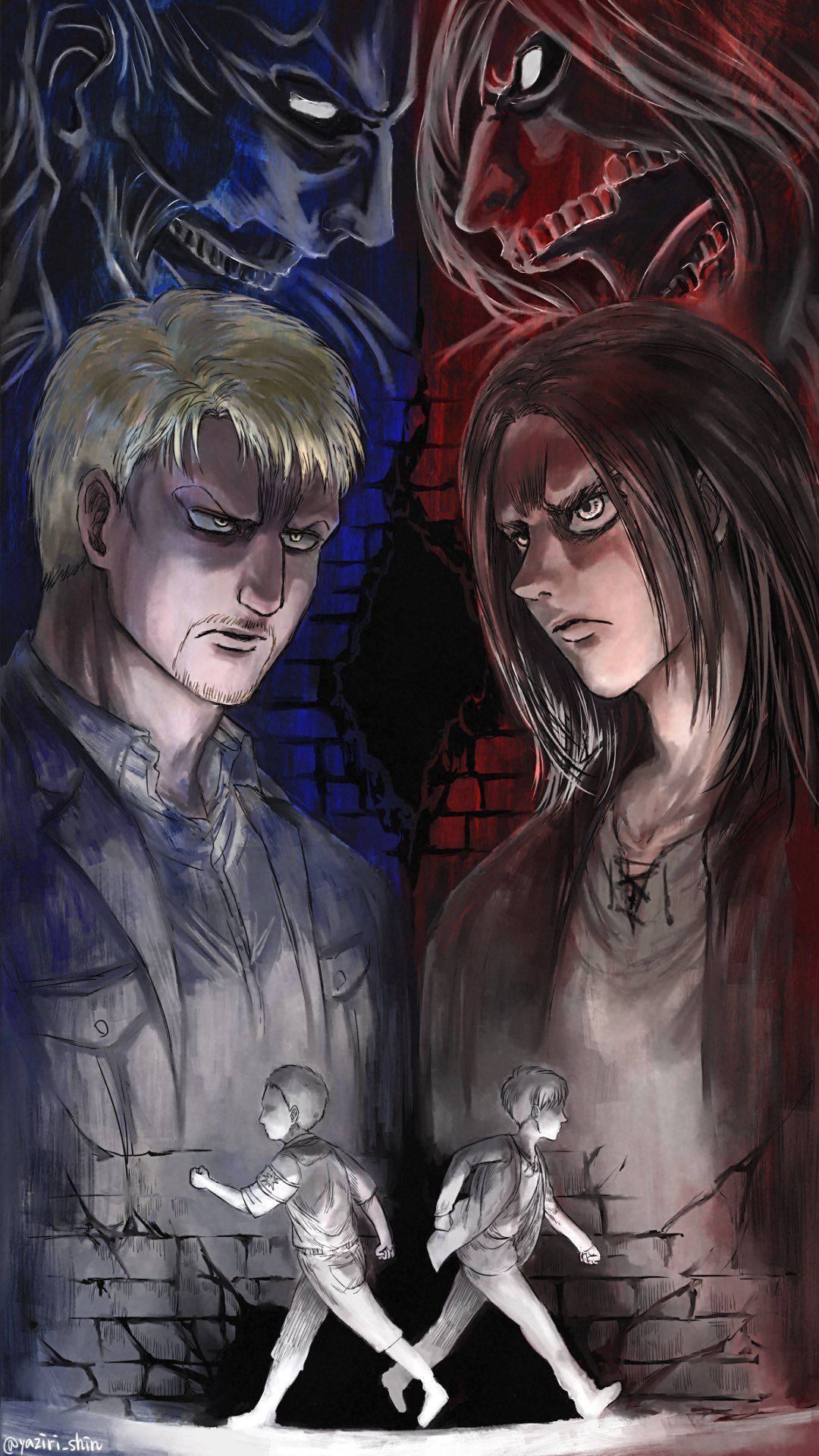 Eren Season 4 桌布 壁紙 — 兩個激烈的動漫角色面對身後聳立的巨型巨人，而兩個小人物在下方奔跑。
