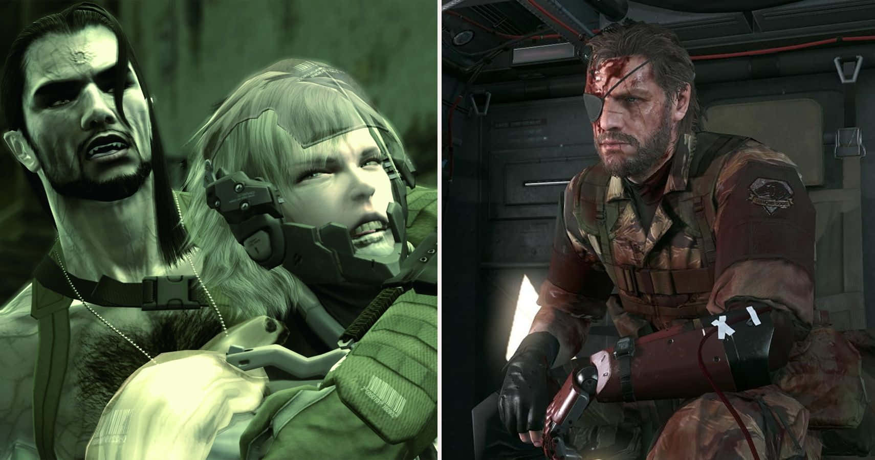 Metal Gear Solid 桌布 壁紙 — 兩個激烈的電子遊戲角色在 gritty 的戰鬥場景中，帶有綠色和紅色燈光。