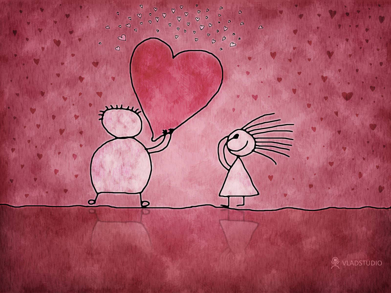 Valentines 桌布 壁紙 — 兩個火柴人共享一個巨大的心形氣球，背景是充滿漂浮心形的紋理粉紅色背景。