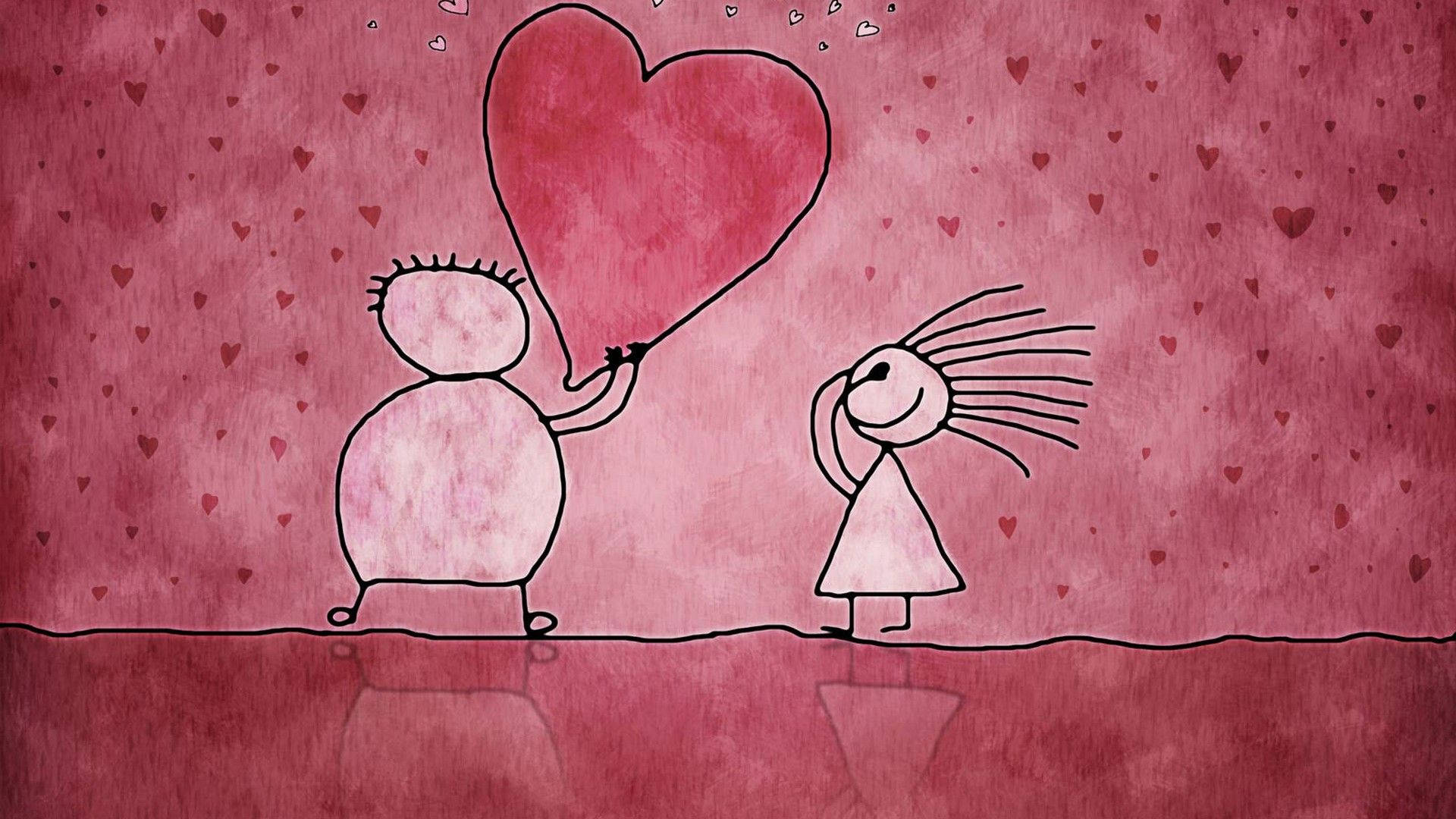 Valentines 桌布 壁紙 — 兩個火柴人共享一個巨大的粉紅色心形氣球，背景是充滿小愛心的紋理粉紅色。