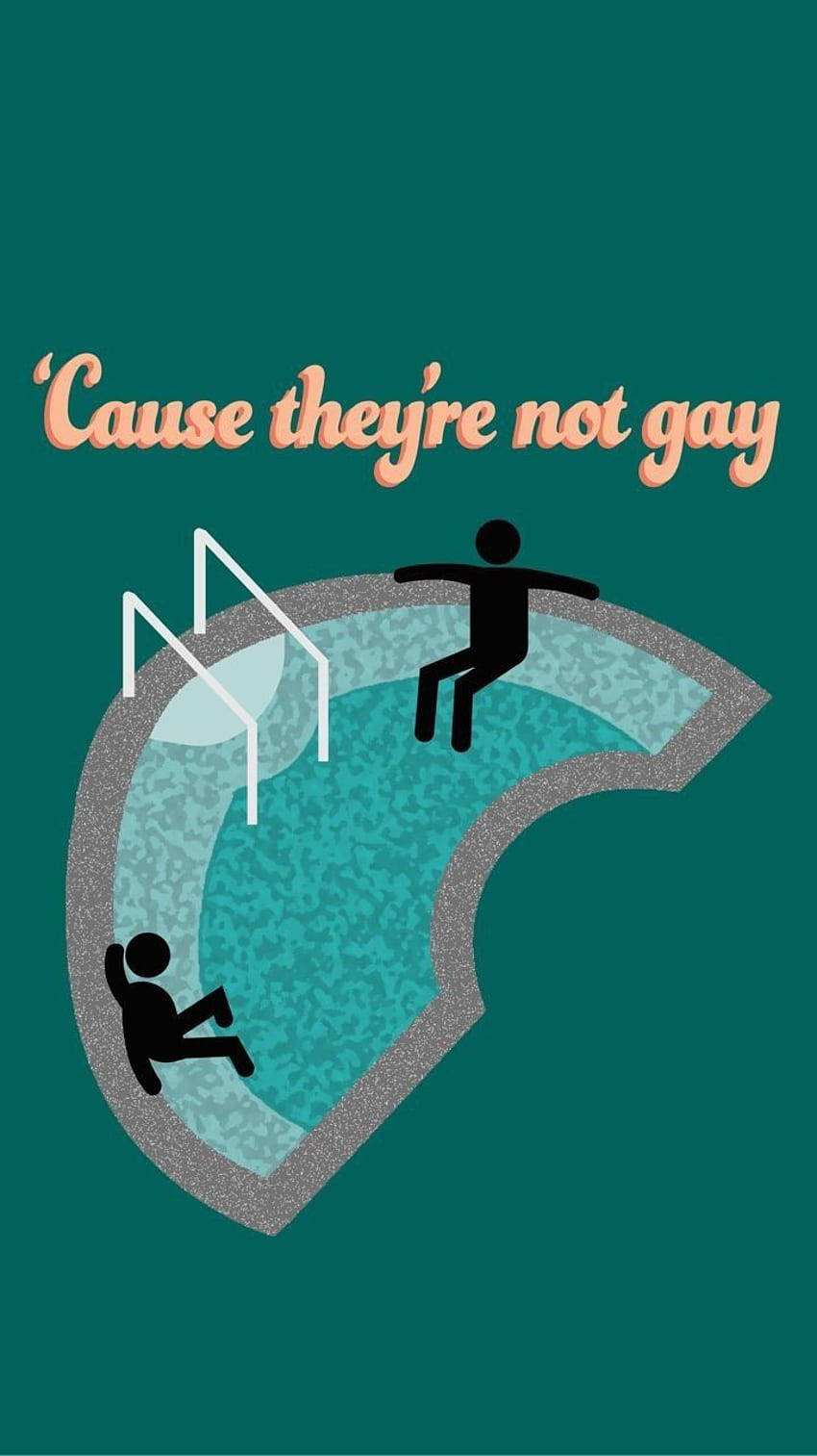 meme 桌布 壁紙 — 兩個火柴人在一個風格化的泳池中，上方有文字寫著「Cause they're not gay」，背景為青綠色。