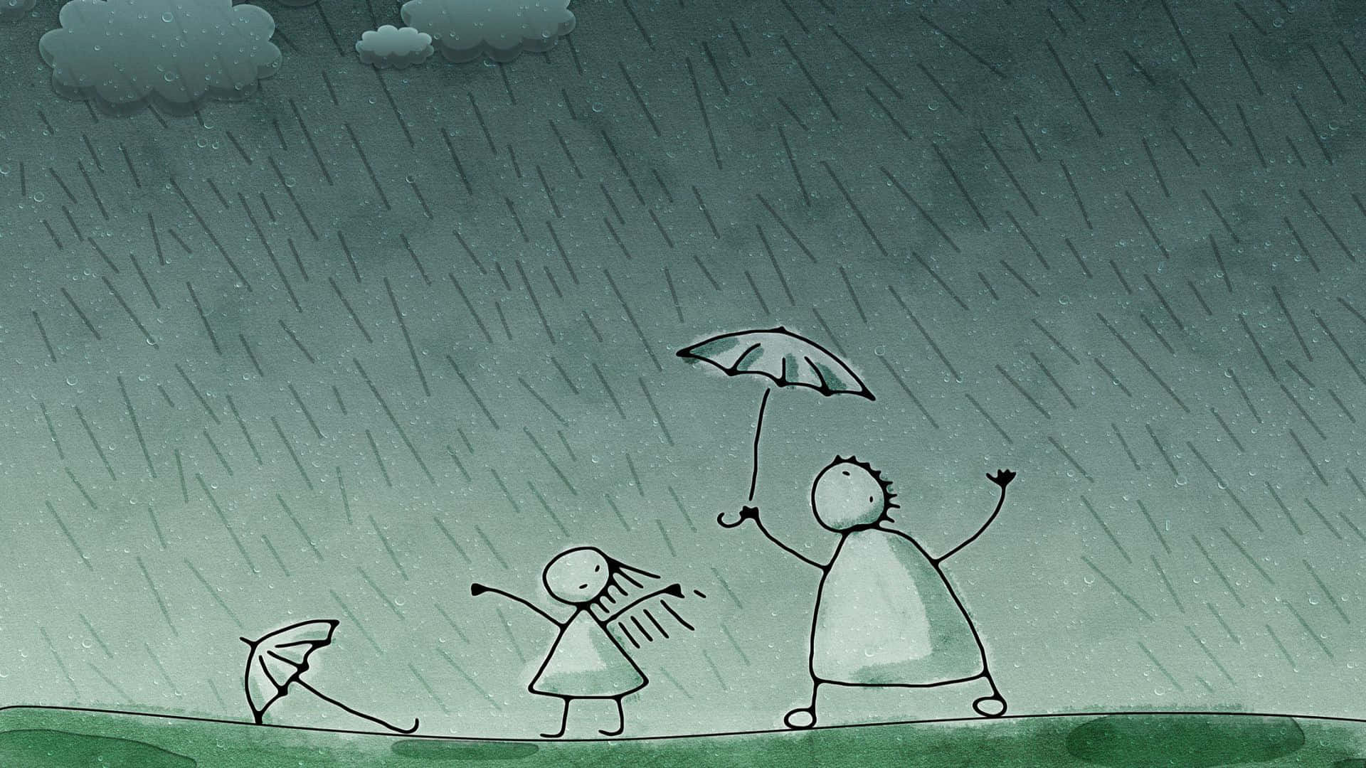 藝術 桌布 壁紙 — 兩個火柴人在傾盆大雨中，一個撐著傘，另一個在灰雲密布的大雨中歡快地跳舞。