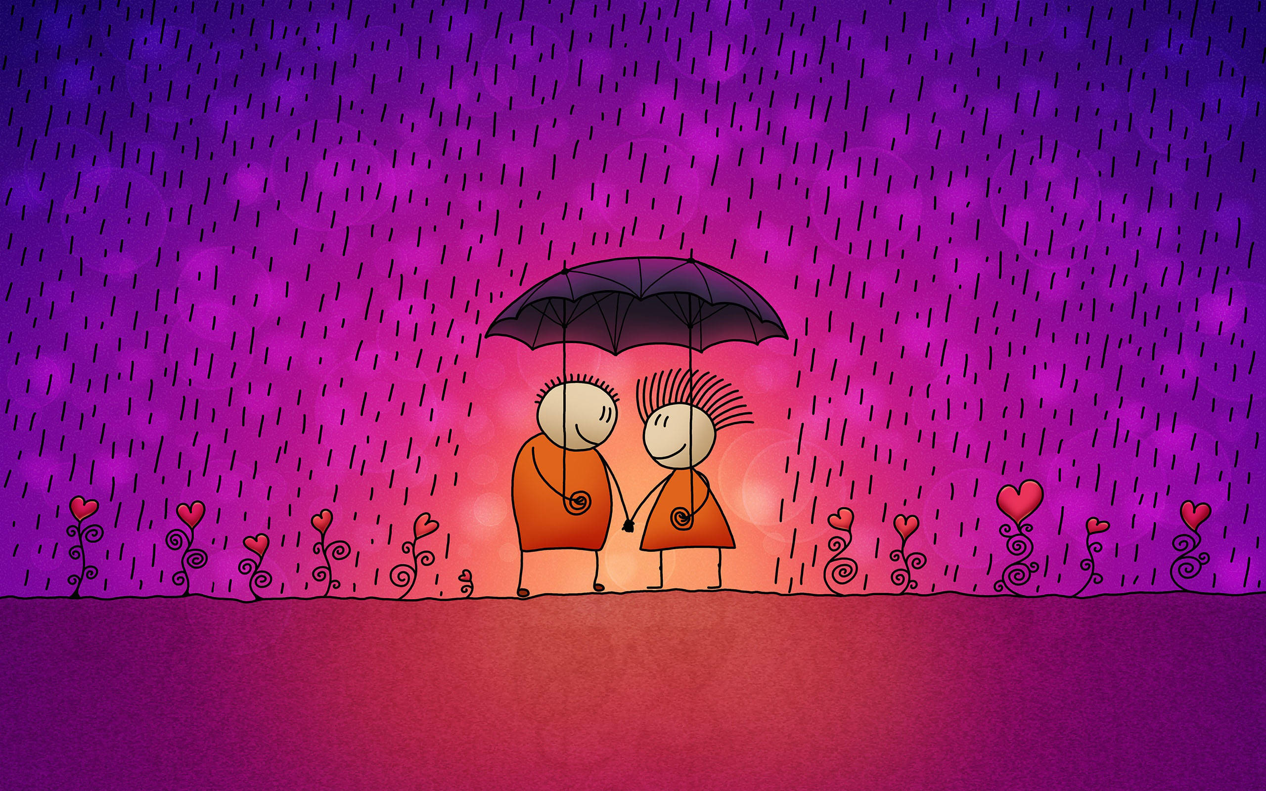 Love Drawings 桌布 壁紙 — 兩個火柴人在充滿活力的紫色和粉紅色雨天下共用一把黑色雨傘，周圍有心形植物。