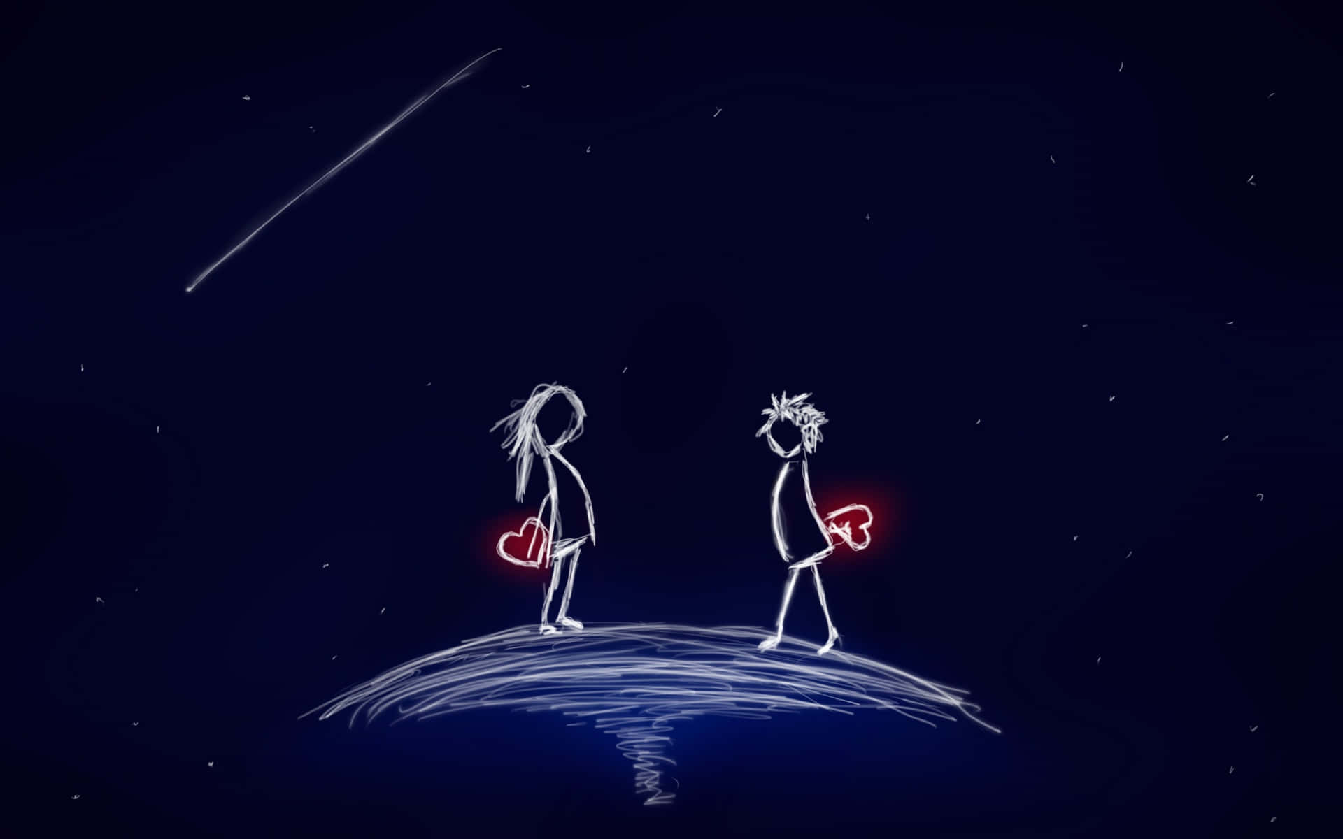 Romantic Love 桌布 壁紙 — 兩個火柴人在彎曲的地平線上，在滿天星斗的夜空下，手持發光的紅色心形，還有一顆流星。
