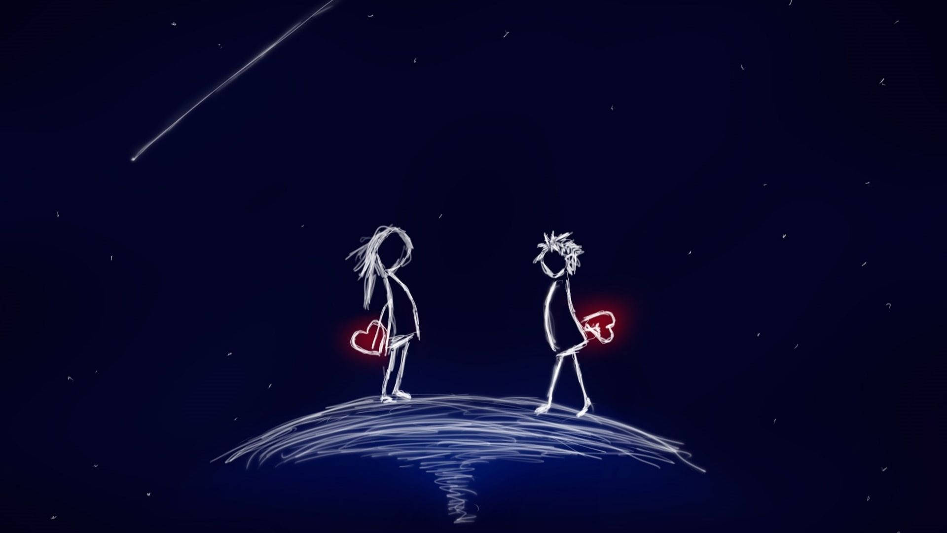 兩個火柴人手持發光心形，在繁星點點的夜空下，有一顆流星劃過。