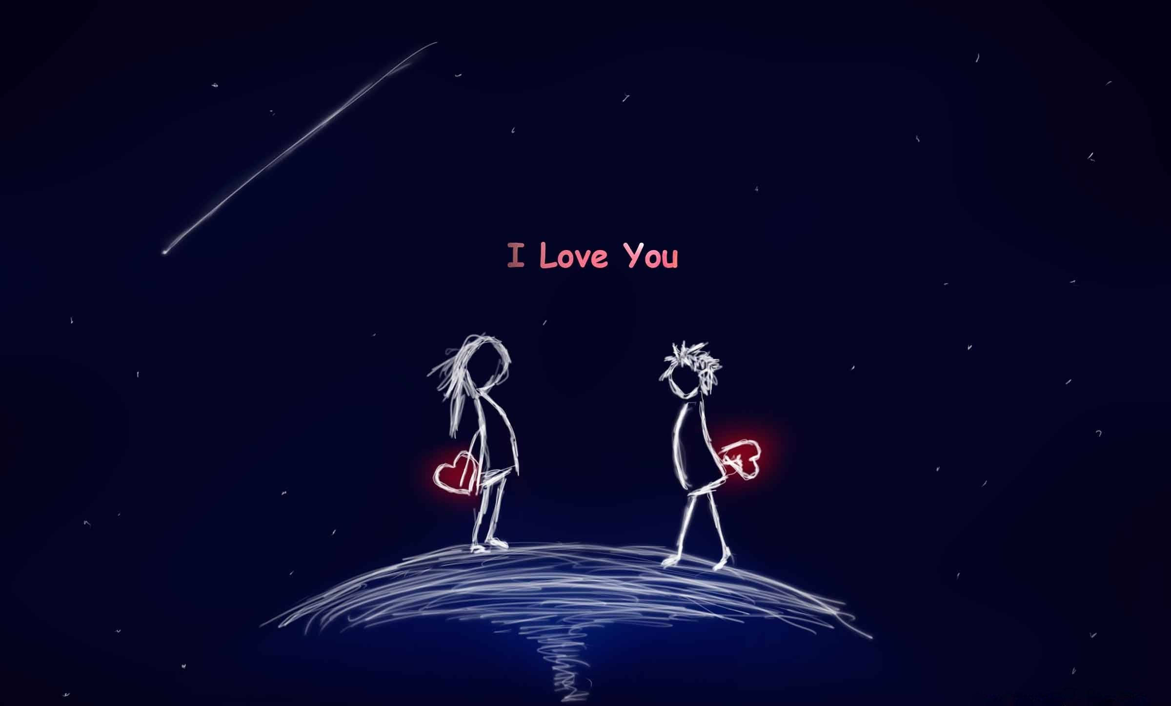 Relationship 桌布 壁紙 — 兩個火柴人站在彎曲的山丘上，在星空下舉著發光的愛心，上面寫著「I Love You」。