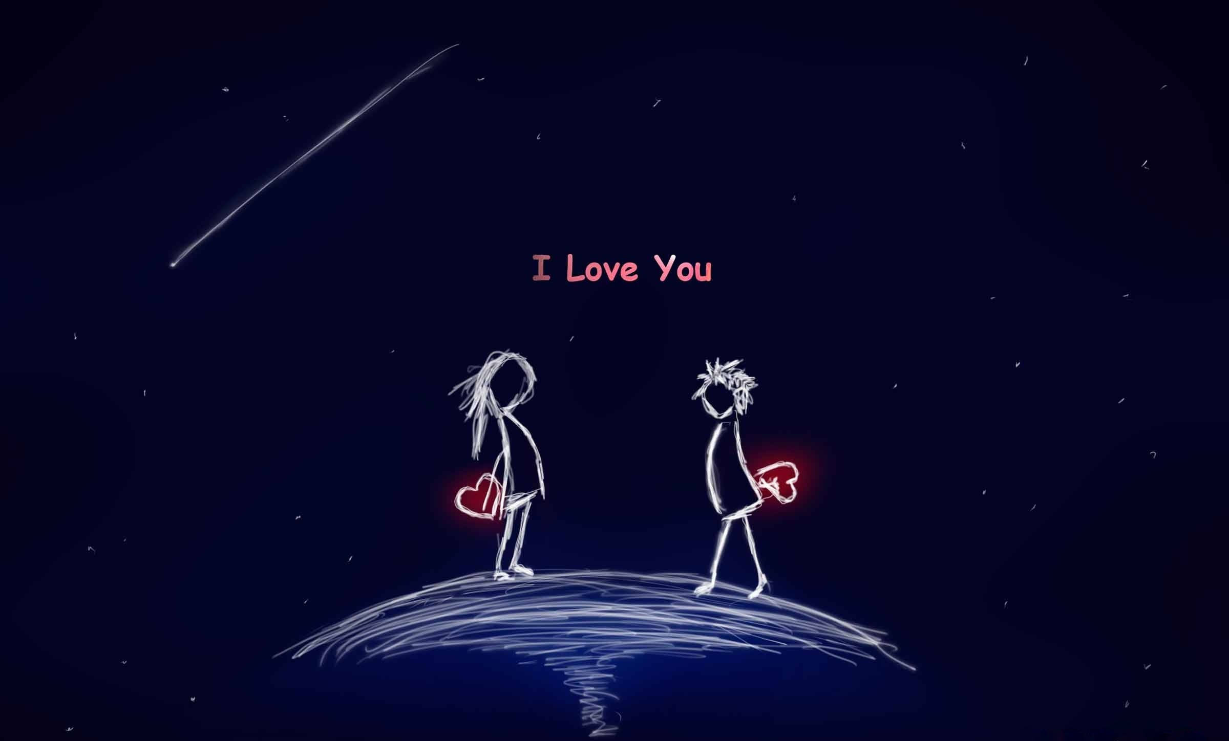 Love Story 桌布 壁紙 — 兩個火柴人站在星空下彎曲的山丘上，手持發光的愛心，上方有「我愛你」的字樣。
