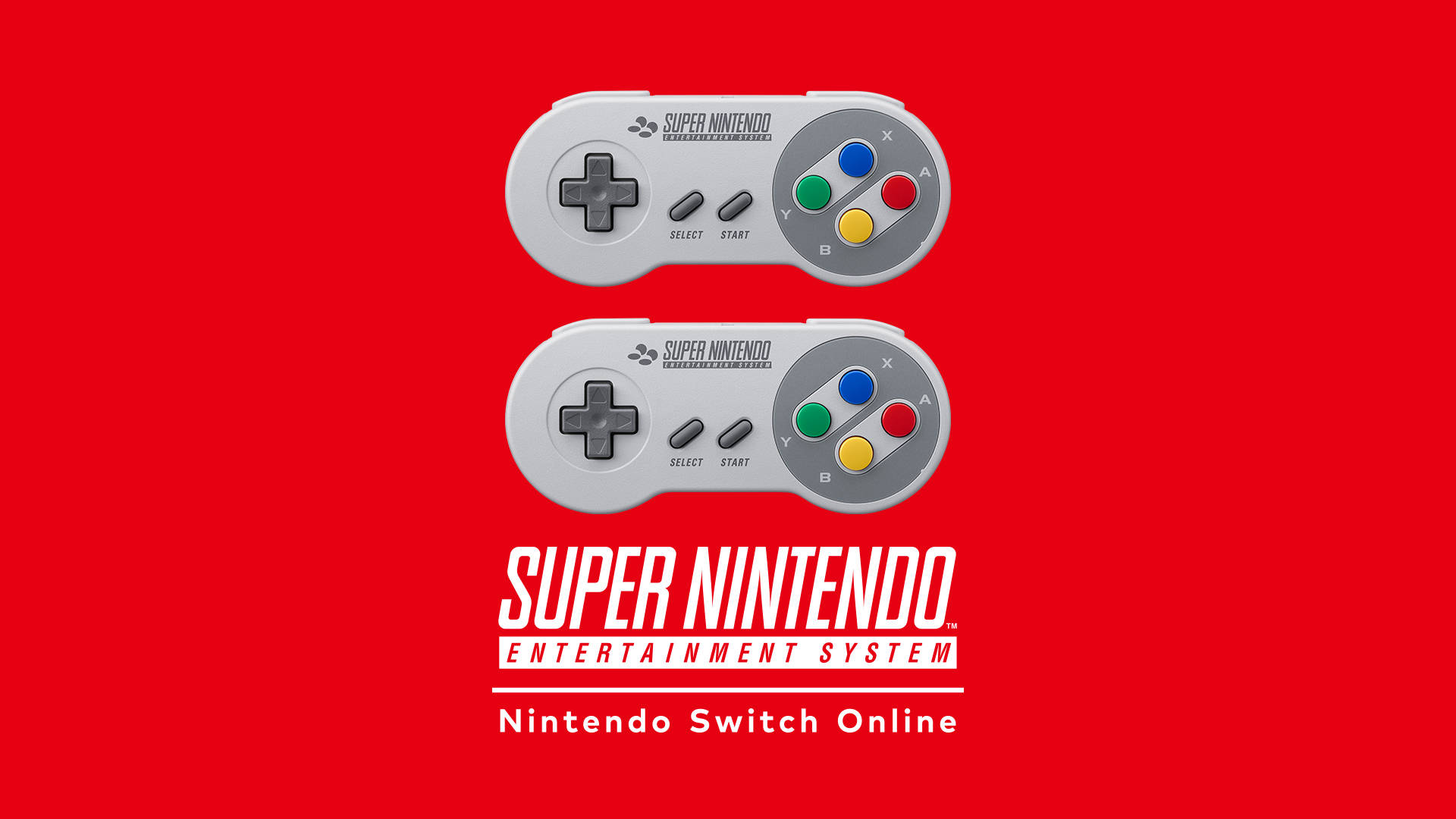 紅白機 桌布 壁紙 — 兩個灰色 Super Nintendo 控制器漂浮在鮮紅色背景上，下方有白色品牌文字。
