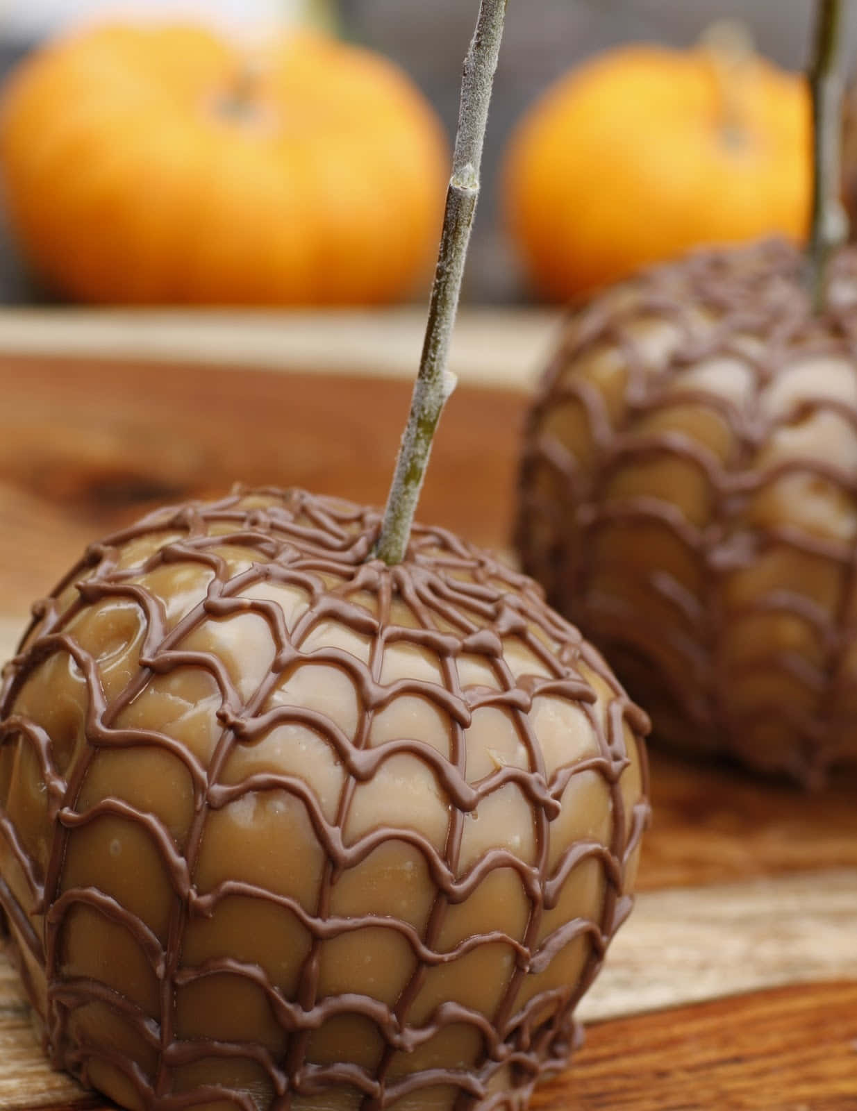 Candy Apples 桌布 壁紙 — 兩個焦糖蘋果淋上巧克力蜘蛛網圖案，放在木板上，背景有模糊的南瓜。