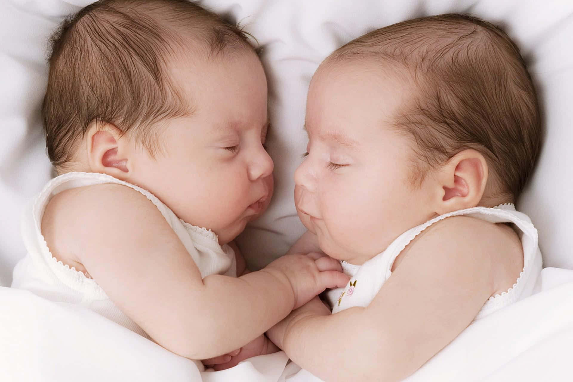 Cute Babies 桌布 壁紙 — 兩個熟睡的新生雙胞胎在白色柔軟寢具上緊靠著，小手交握，安詳地休息。