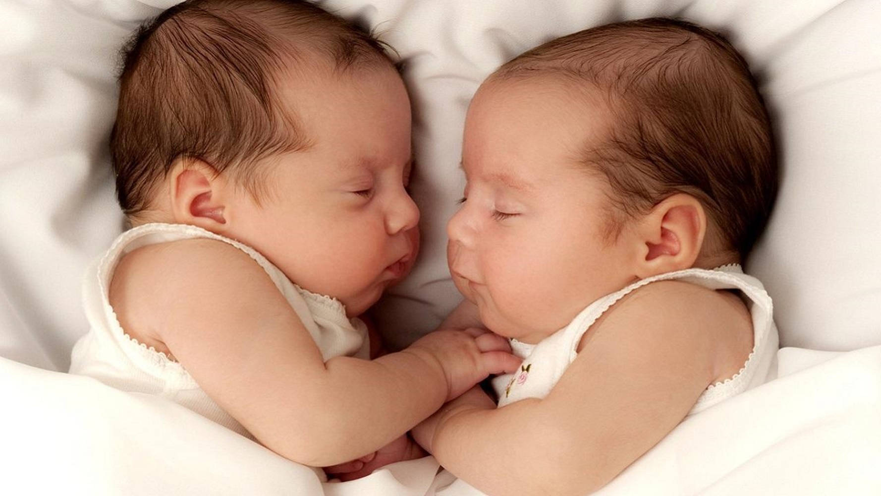 babies 桌布 壁紙 — 兩個熟睡的新生雙胞胎在白色毯子中安詳地休息，他們的小手輕輕地握在一起。