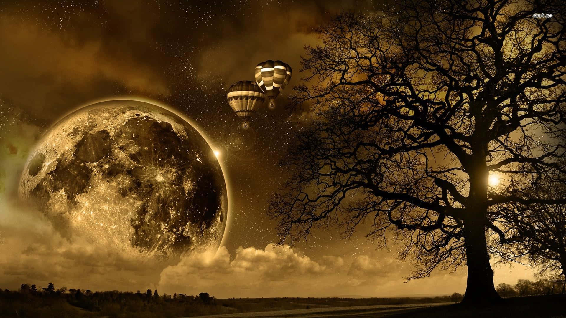 Hot Air Balloon 桌布 壁紙 — 兩個熱氣球在巨大的發光月亮下漂流，月亮高懸於一棵荒蕪的樹木和多雲的地平線之上。