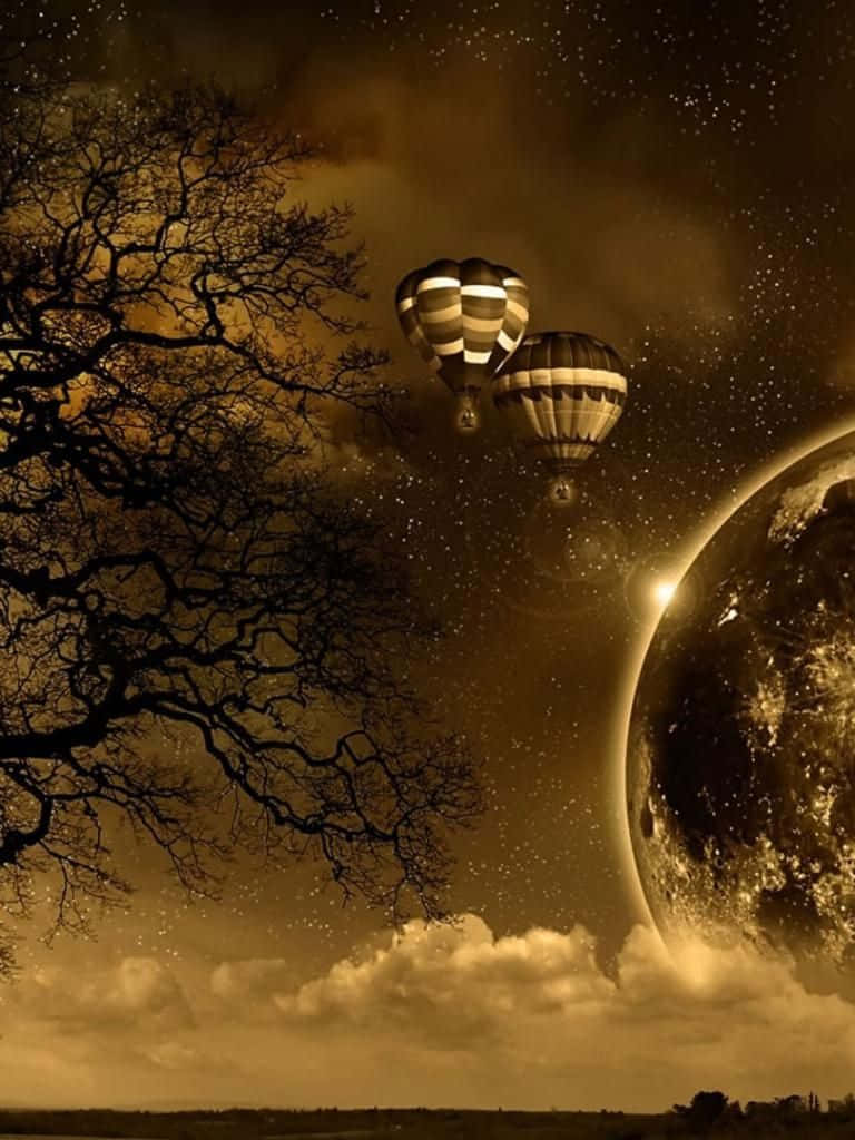 Impressive 桌布 壁紙 — 兩個熱氣球在星空下飄浮，旁邊是一顆發光的行星，光禿的樹枝框住了場景。