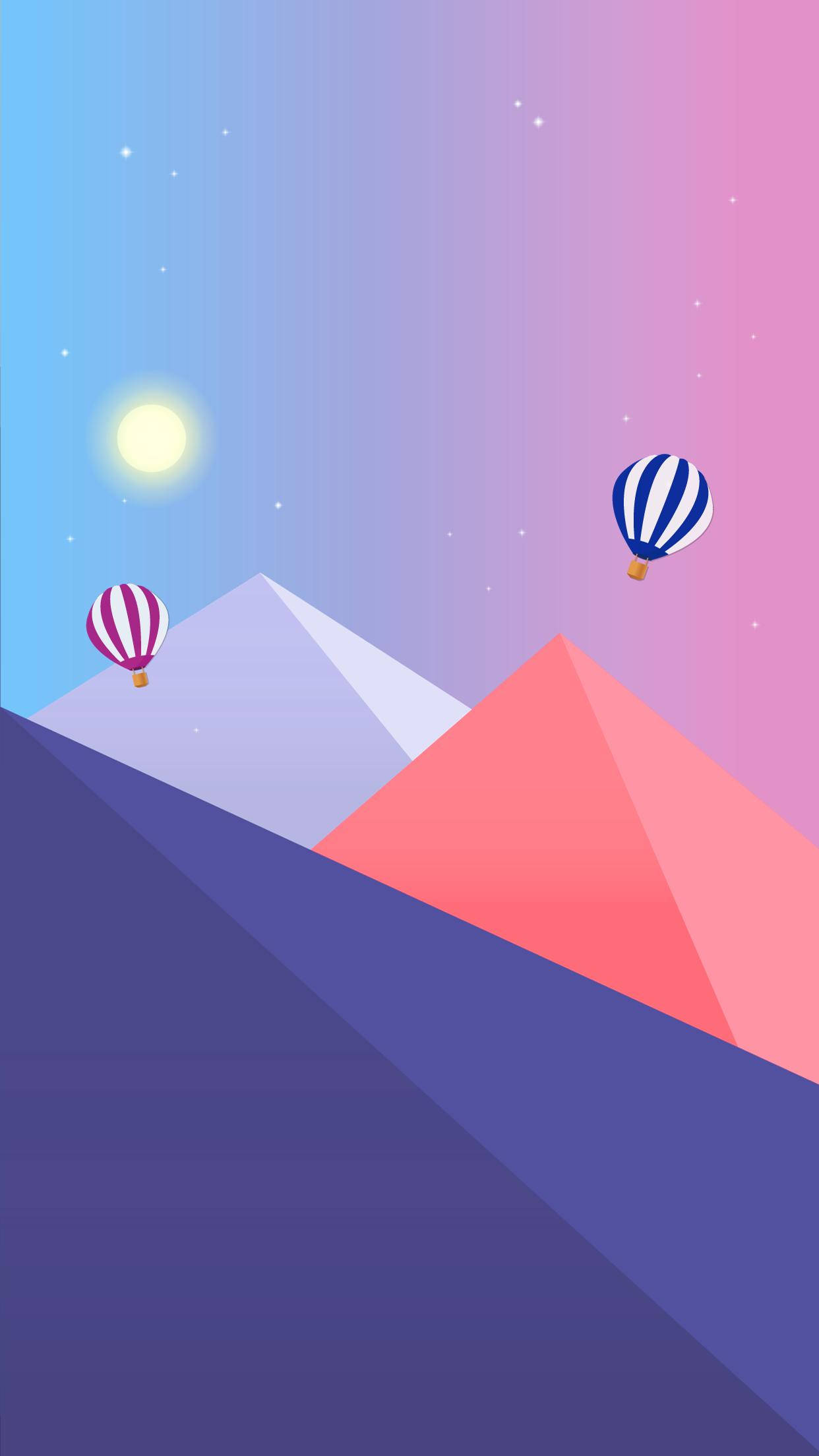 極簡 iPhone 桌布 壁紙 — 兩個熱氣球在漸層天空下，飄過風格化的幾何山脈，天空中有發光的太陽。