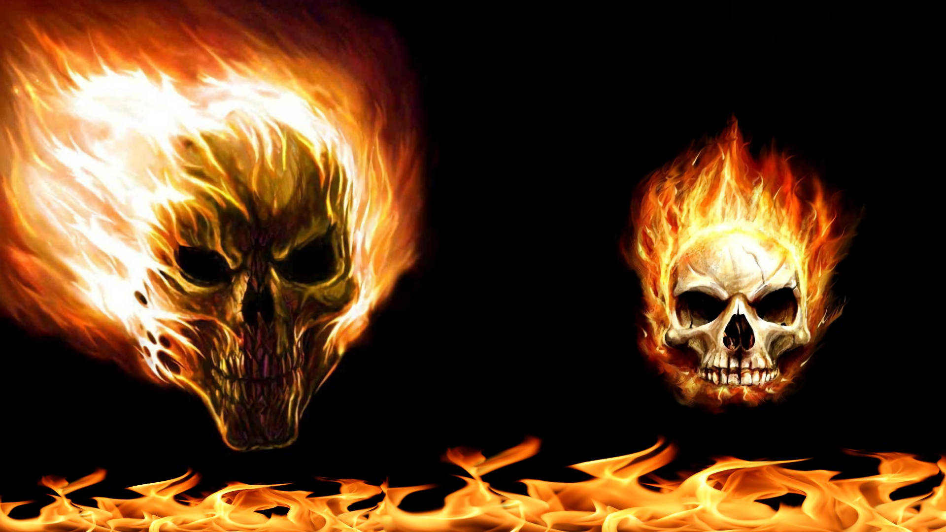 skulls 桌布 壁紙 — 兩個燃燒的頭骨在黑色虛空中懸浮，火焰觸鬚舔舐底部邊緣。