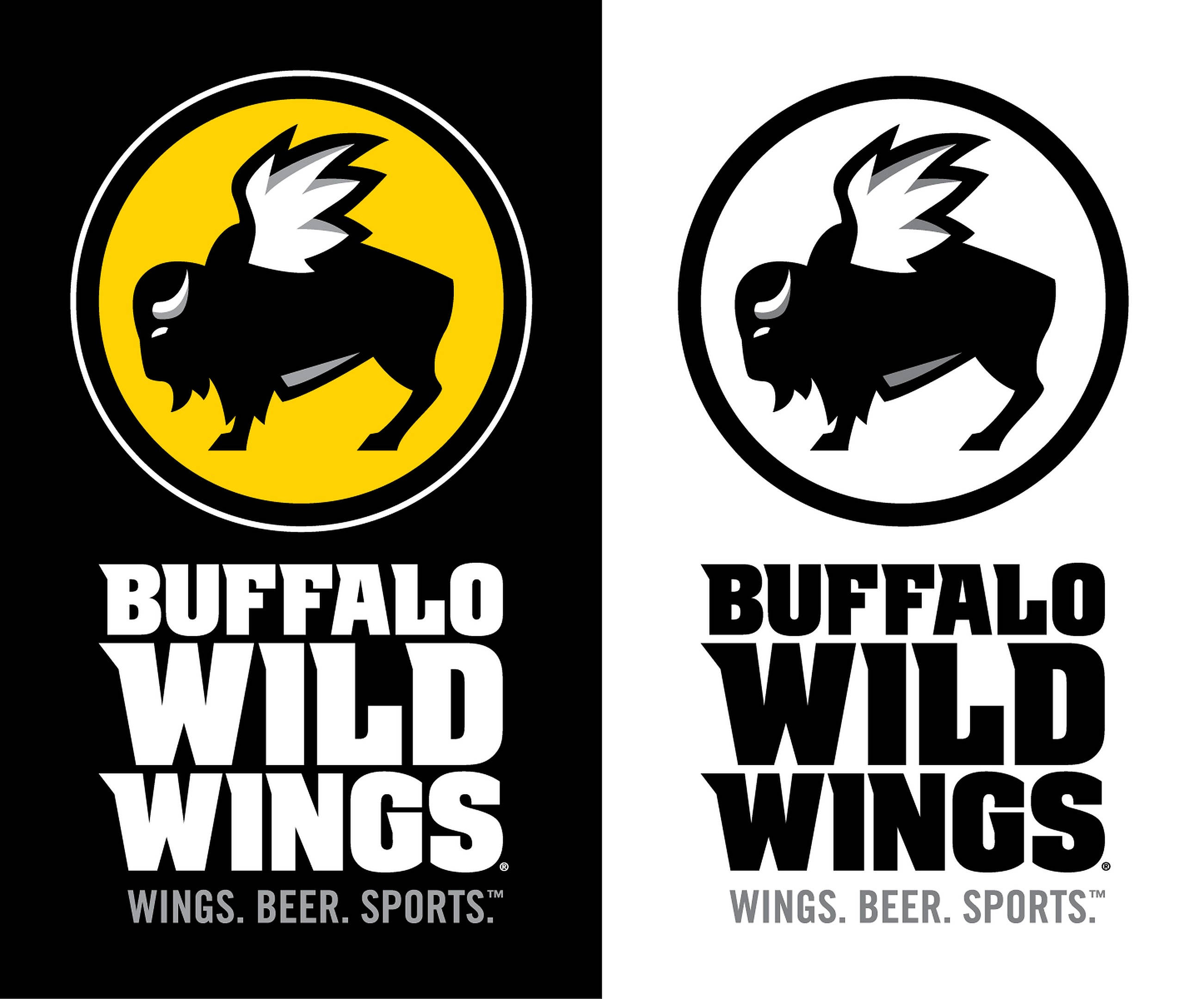 Wild 桌布 壁紙 — 兩個版本的Buffalo Wild Wings標誌，在黑色和白色背景上，圓圈內有一隻帶翅膀的黑色水牛。